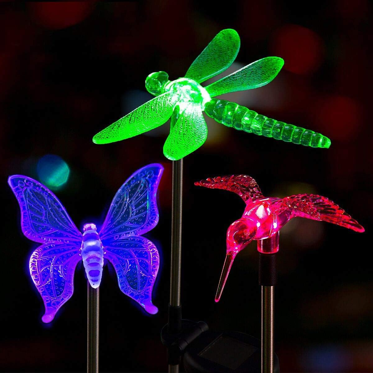 Solar Garden Lights, 3-Pack Butterfly, Hummingbird & Dragonfly LED Stake Lights for Yard, Patio & Lawn