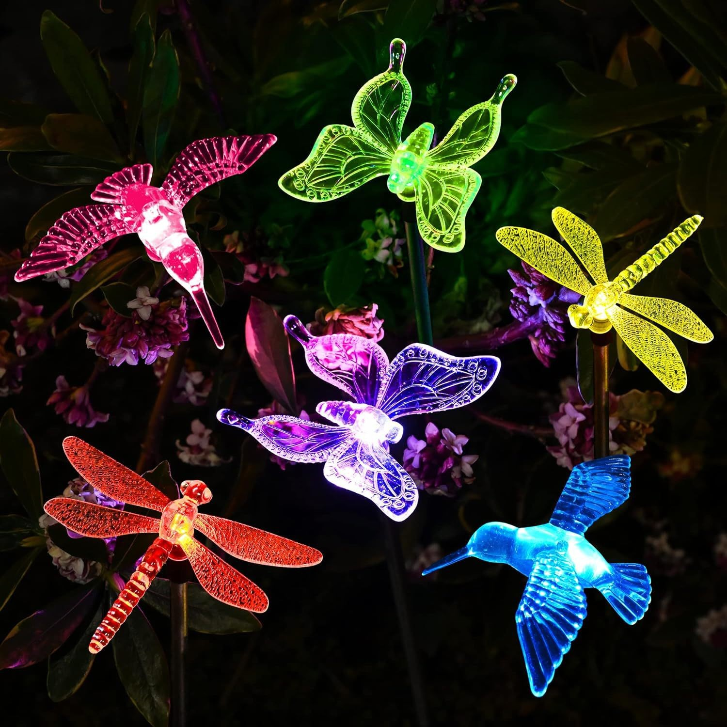 Solar Garden Lights, 3-Pack Butterfly, Hummingbird & Dragonfly LED Stake Lights for Yard, Patio & Lawn
