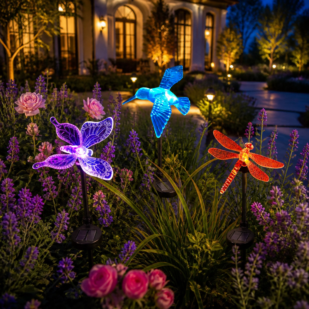 Solar Garden Lights, 3-Pack Butterfly, Hummingbird & Dragonfly LED Stake Lights for Yard, Patio & Lawn