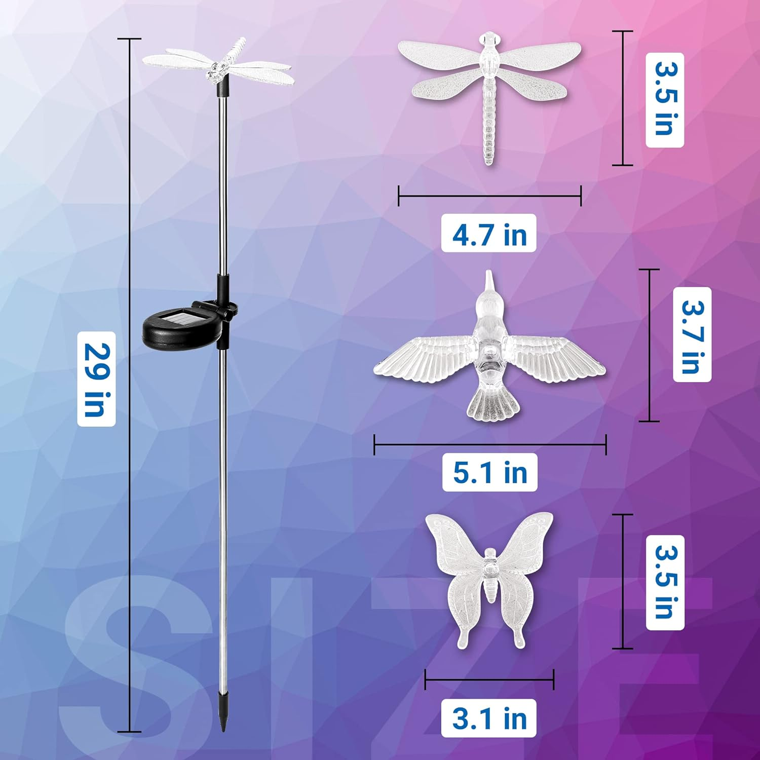 Solar Garden Lights, 3-Pack Butterfly, Hummingbird & Dragonfly LED Stake Lights for Yard, Patio & Lawn