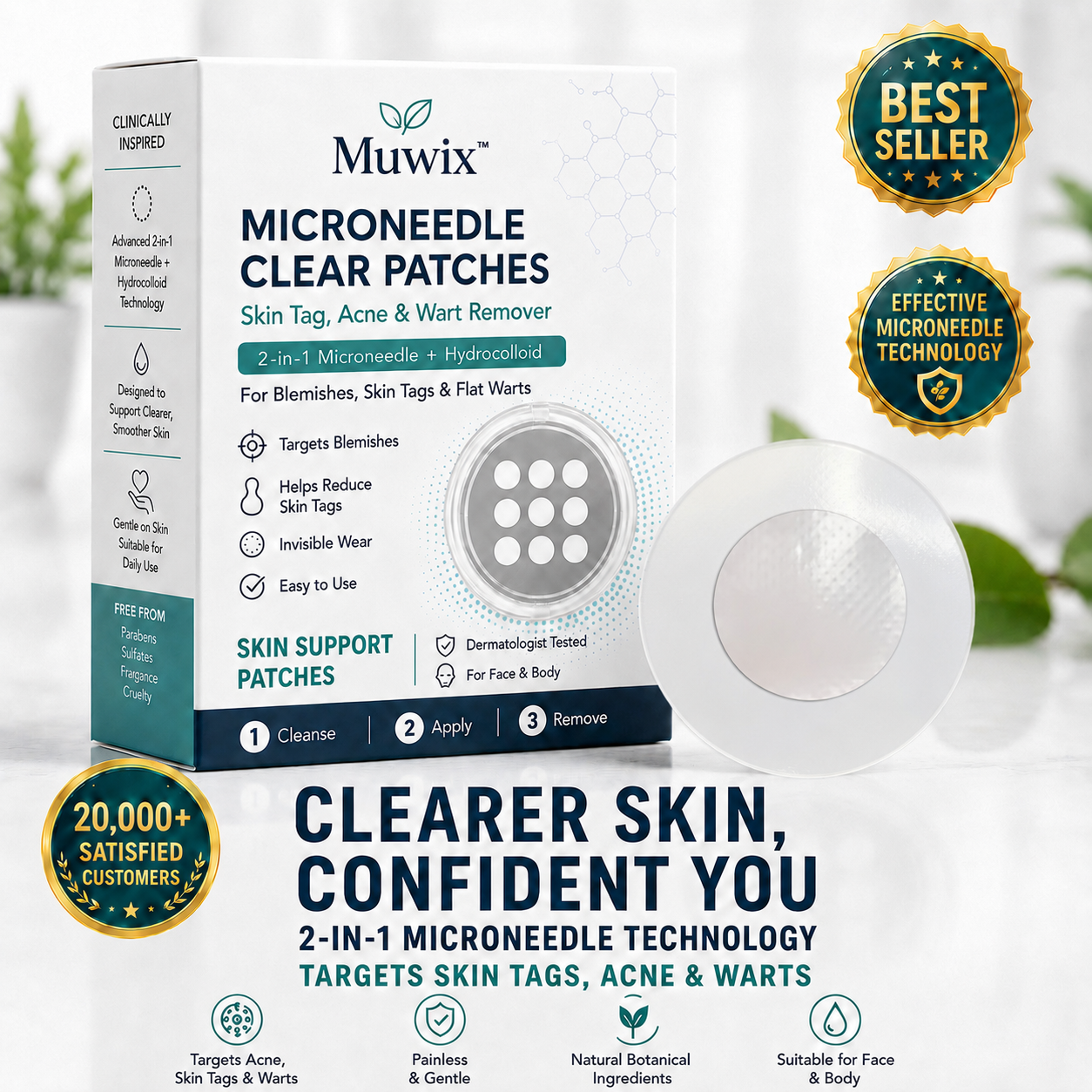 ✨2-in-1 Microneedle & Hydrocolloid Patch🍀| Removes Raised Moles, Acne, Flat Warts & Skin Tags | Helps Improve Wrinkles, Scars & Blemishes | Invisible Patches for Face & Body