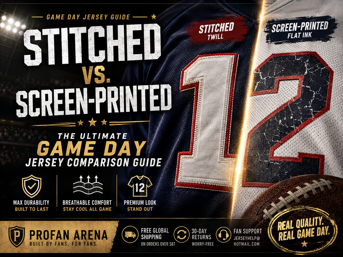 `Stitched vs screen-printed football jerseys game day comparison guide`

