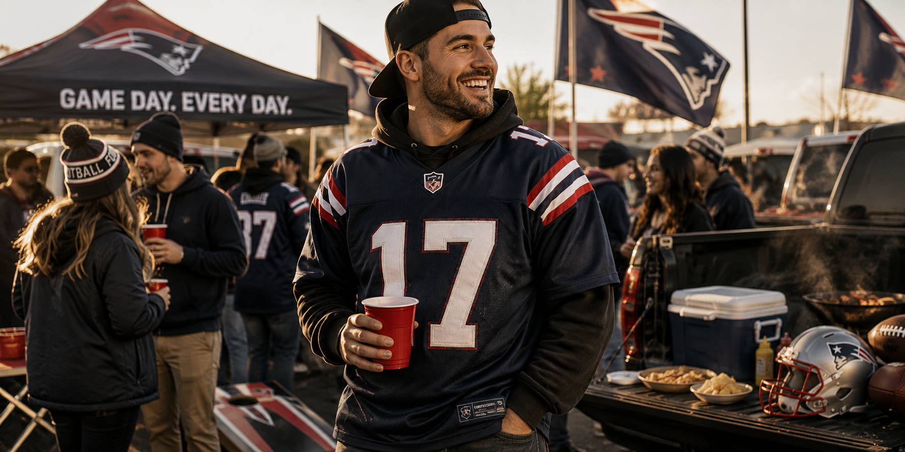 Game day tailgate outfit featuring a stitched football jersey and hoodie