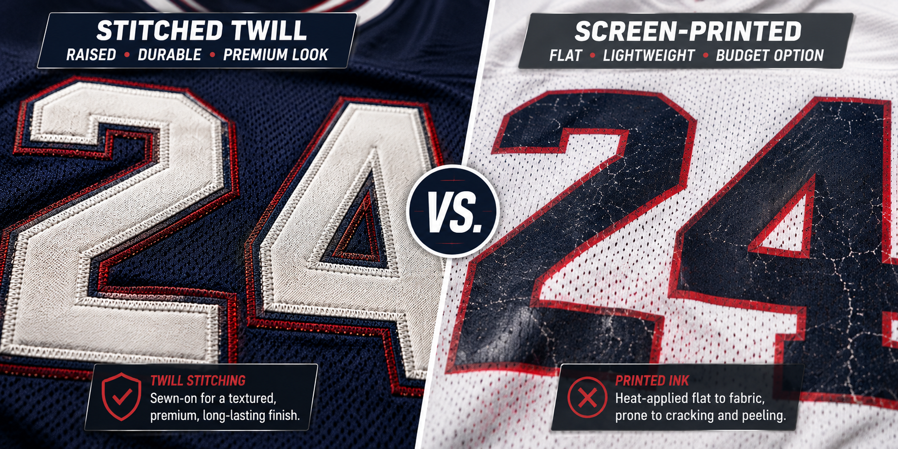 Stitched twill embroidery vs screen-printed numbers on a football jersey