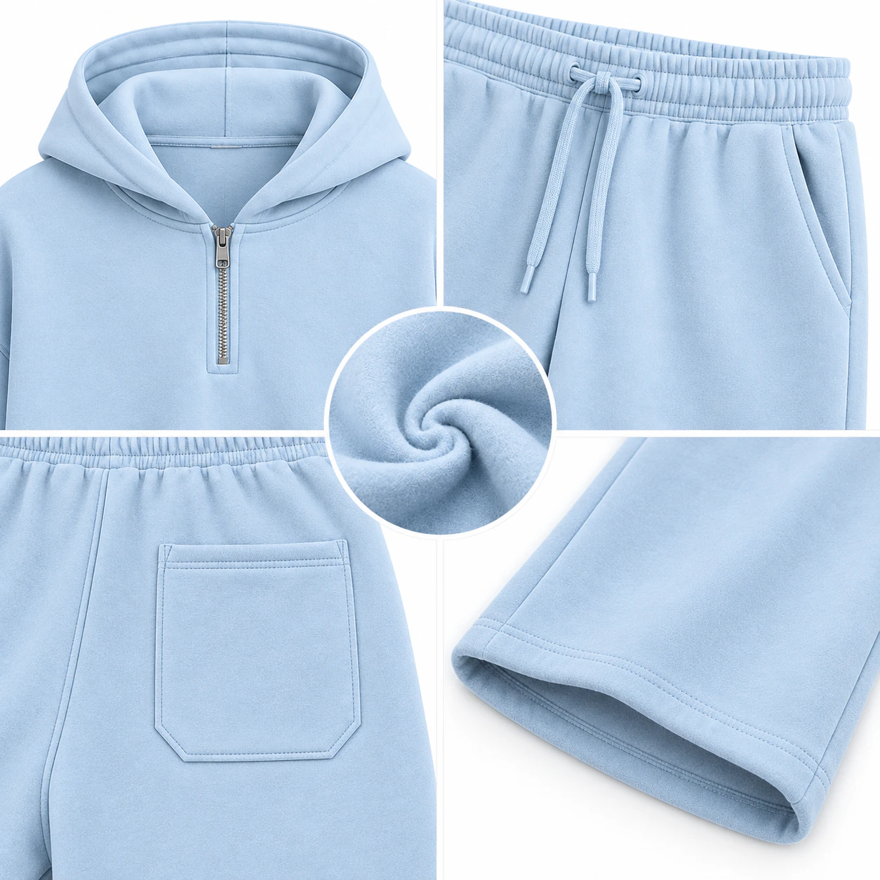 Close-up collage showing the half zip, hood, drawstring waist, side pocket, rear patch pocket, fleece and straight open hem.