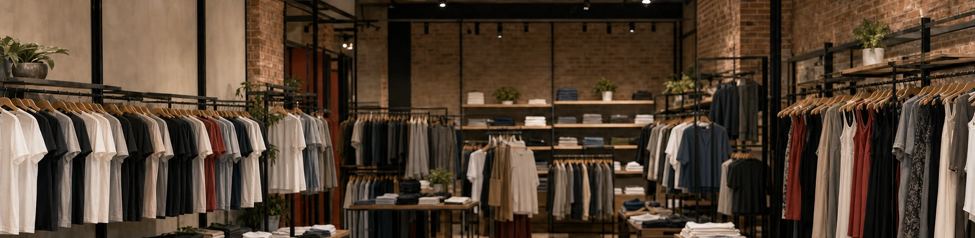 Casual apparel displayed on racks and shelves in an INTERSUSH clothing store