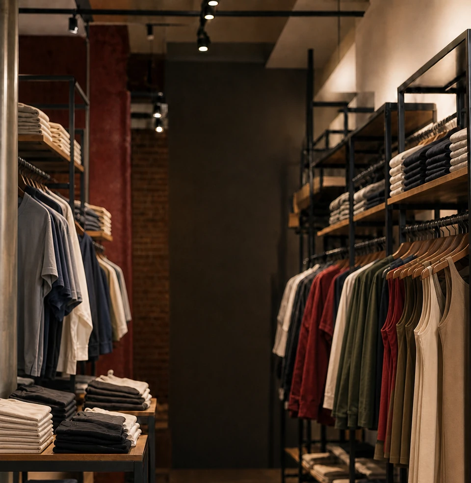 Casual apparel displayed on racks and shelves in an INTERSUSH clothing store