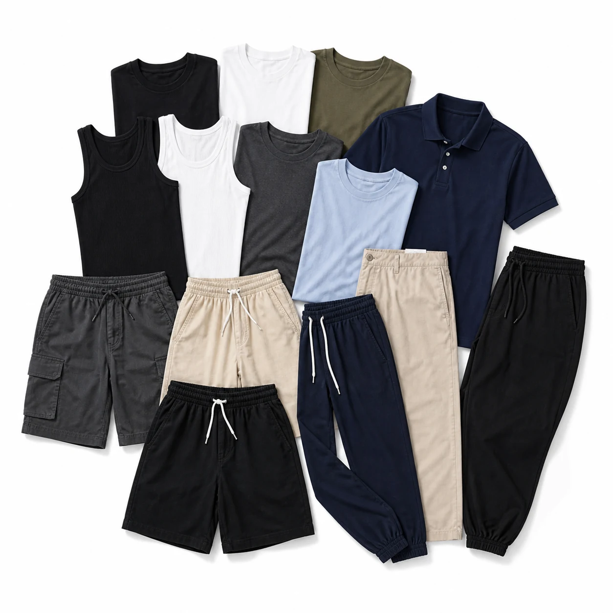 Men's clearance tanks, polos, T-shirts, shorts, and pants