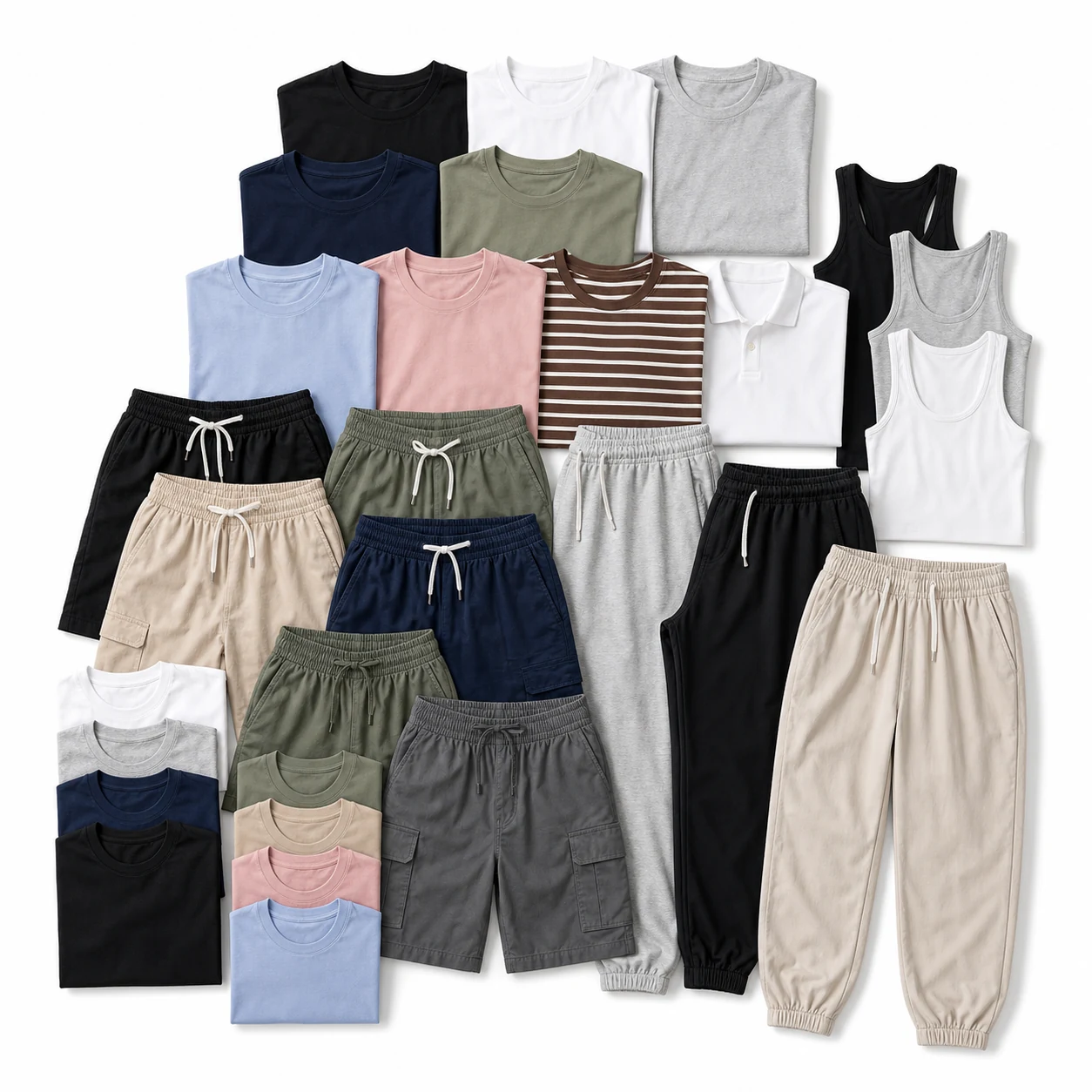 Multi-pack T-shirts, tanks, shorts, and pants in multiple colors