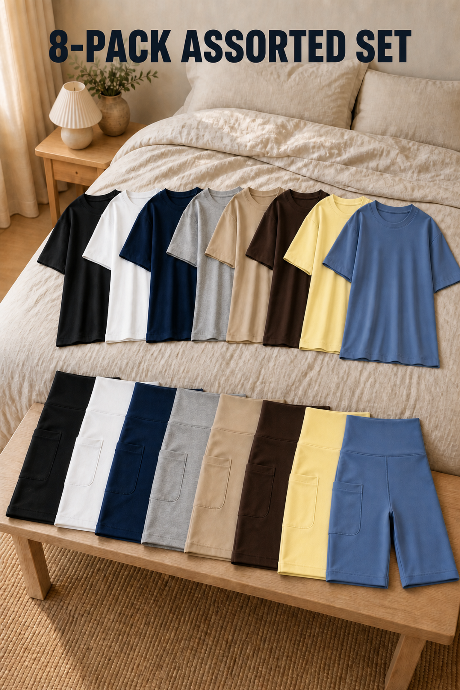 8-Pack Assorted Set labeled bedroom scene with eight oversized tees and eight matching biker shorts