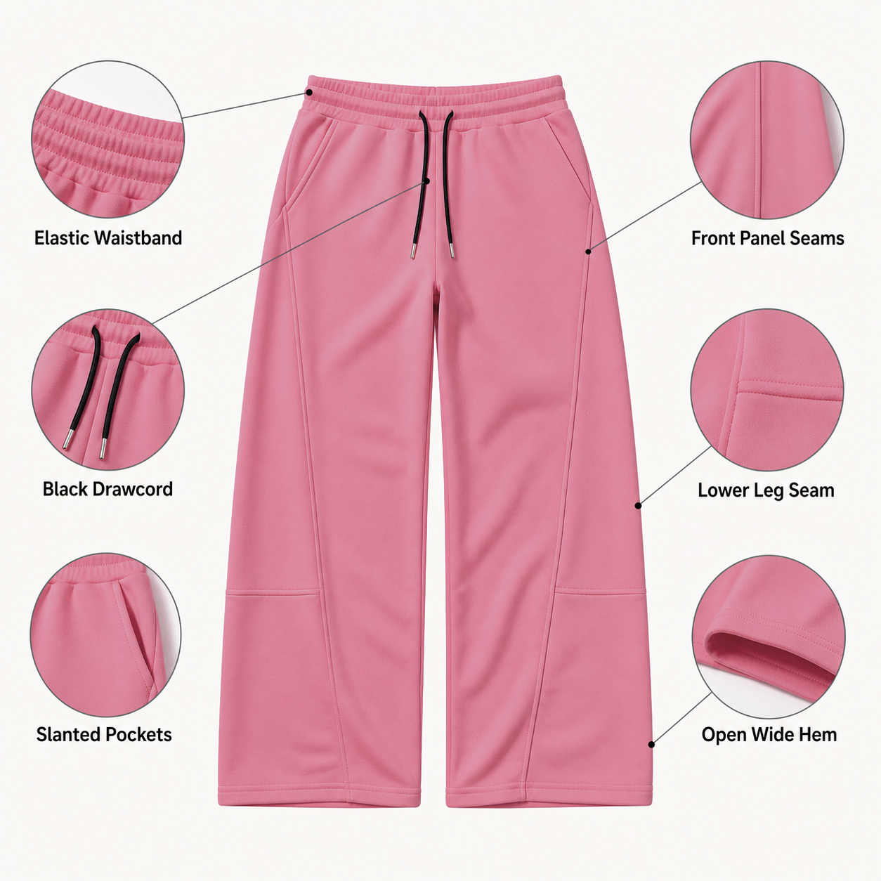 Drawstring wide-leg sweatpants construction details