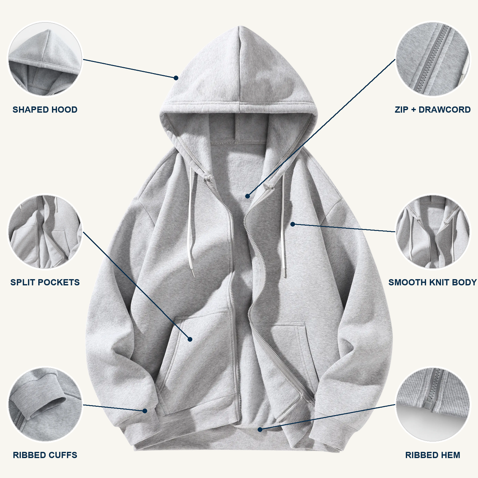 Full-zip hoodie construction showing shaped hood, drawcord, split front pockets, smooth polyester body, ribbed cuffs and ribbed hem