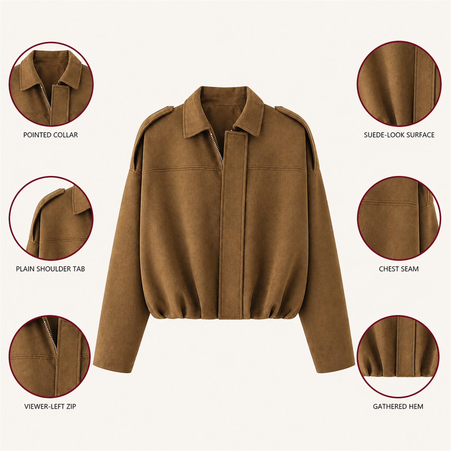 Women’s oversized collared zip jacket construction and silhouette details