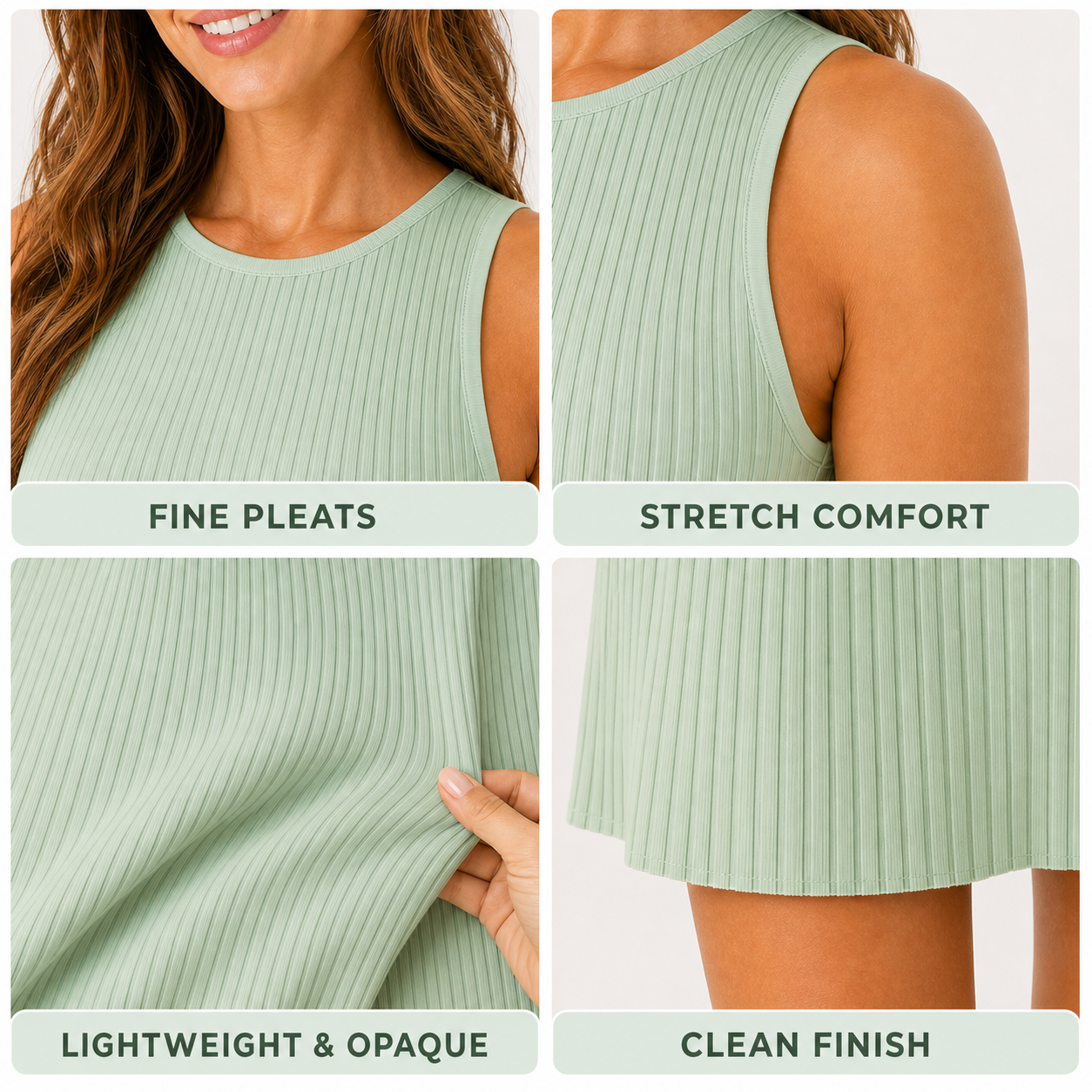 Fine pleats stretch comfort lightweight opaque fabric and clean finish