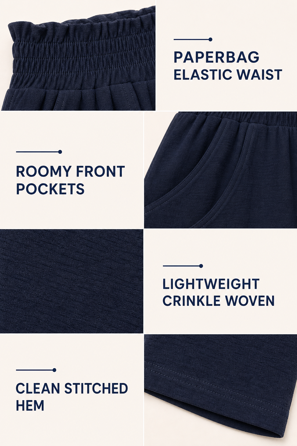 Paperbag elastic waist roomy front pockets and lightweight crinkle woven construction