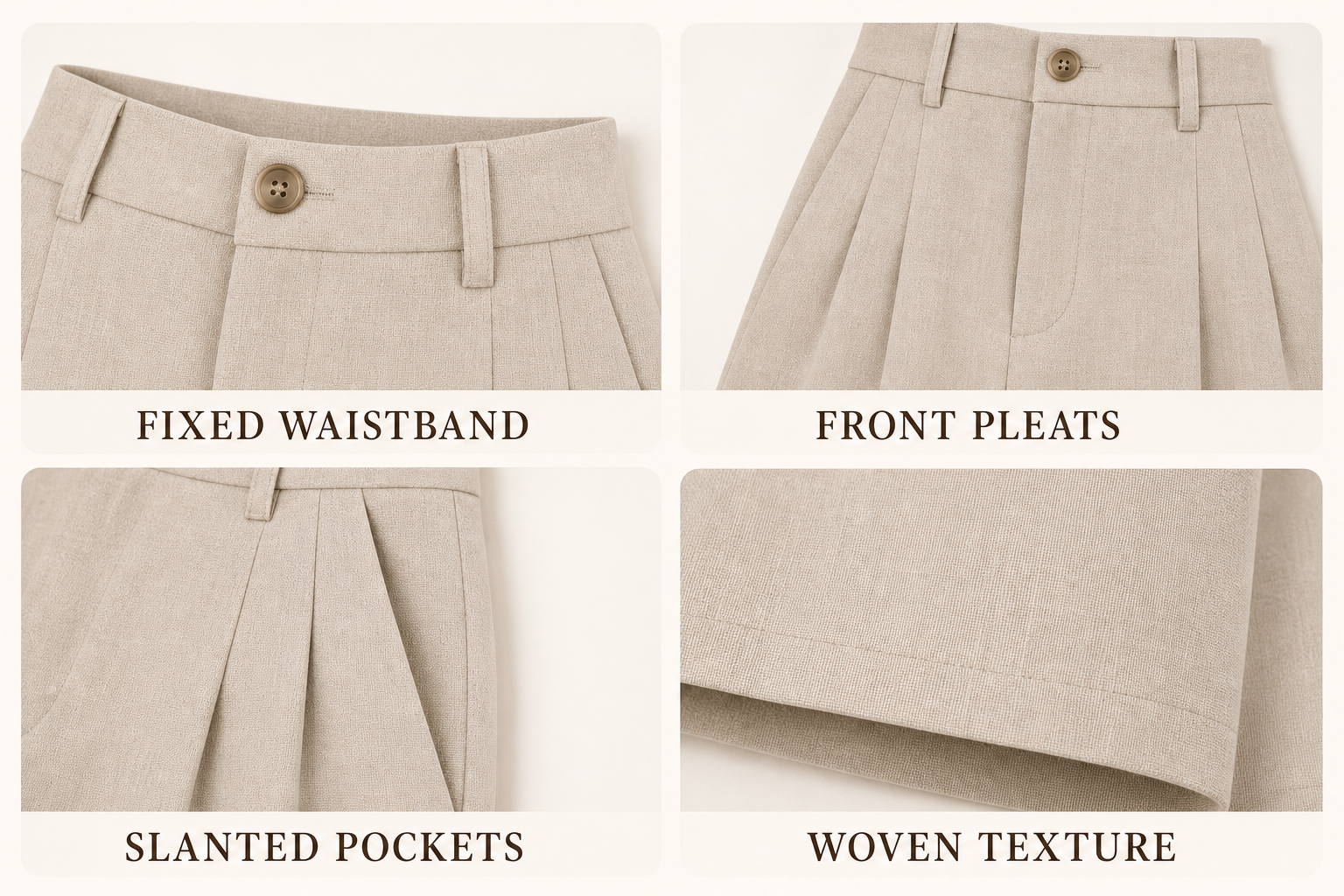 Fixed waistband front pleats slanted pockets and woven texture