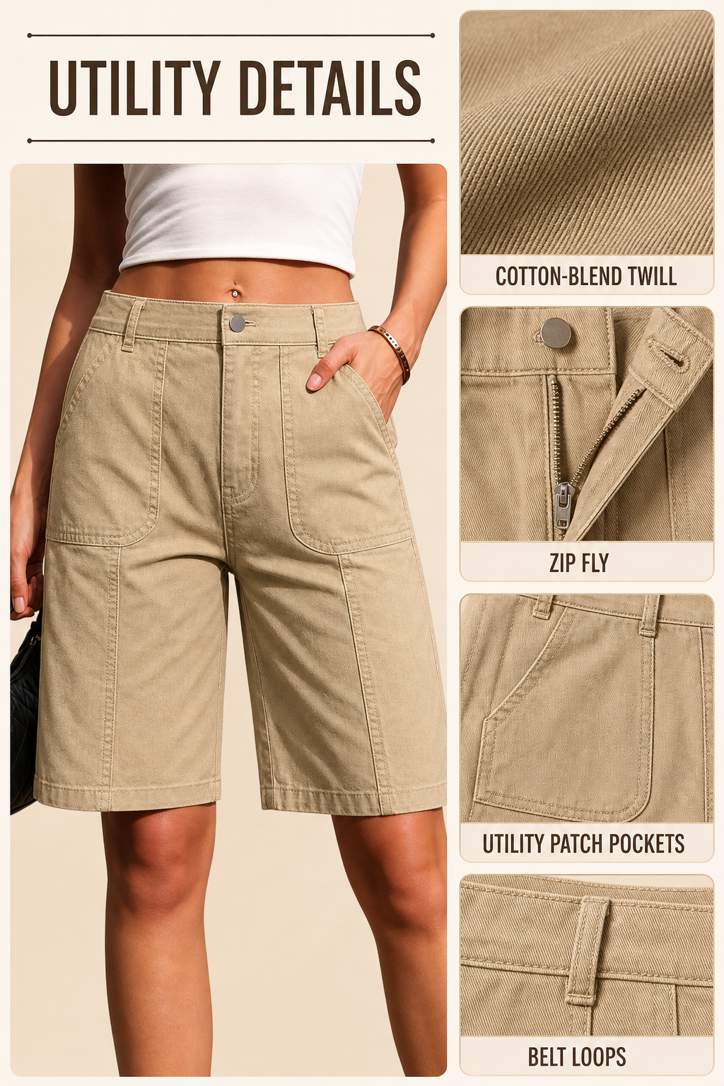 Cotton blend twill zipper fly utility patch pockets and belt loops