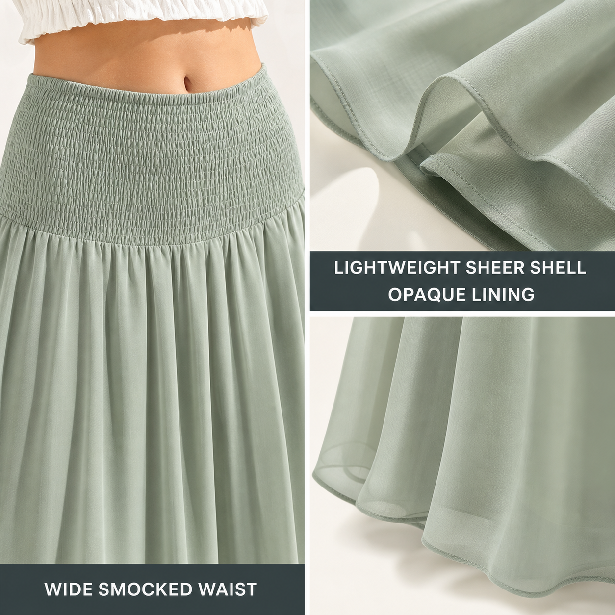 Wide smocked elastic waist sheer woven shell opaque lining and clean hem
