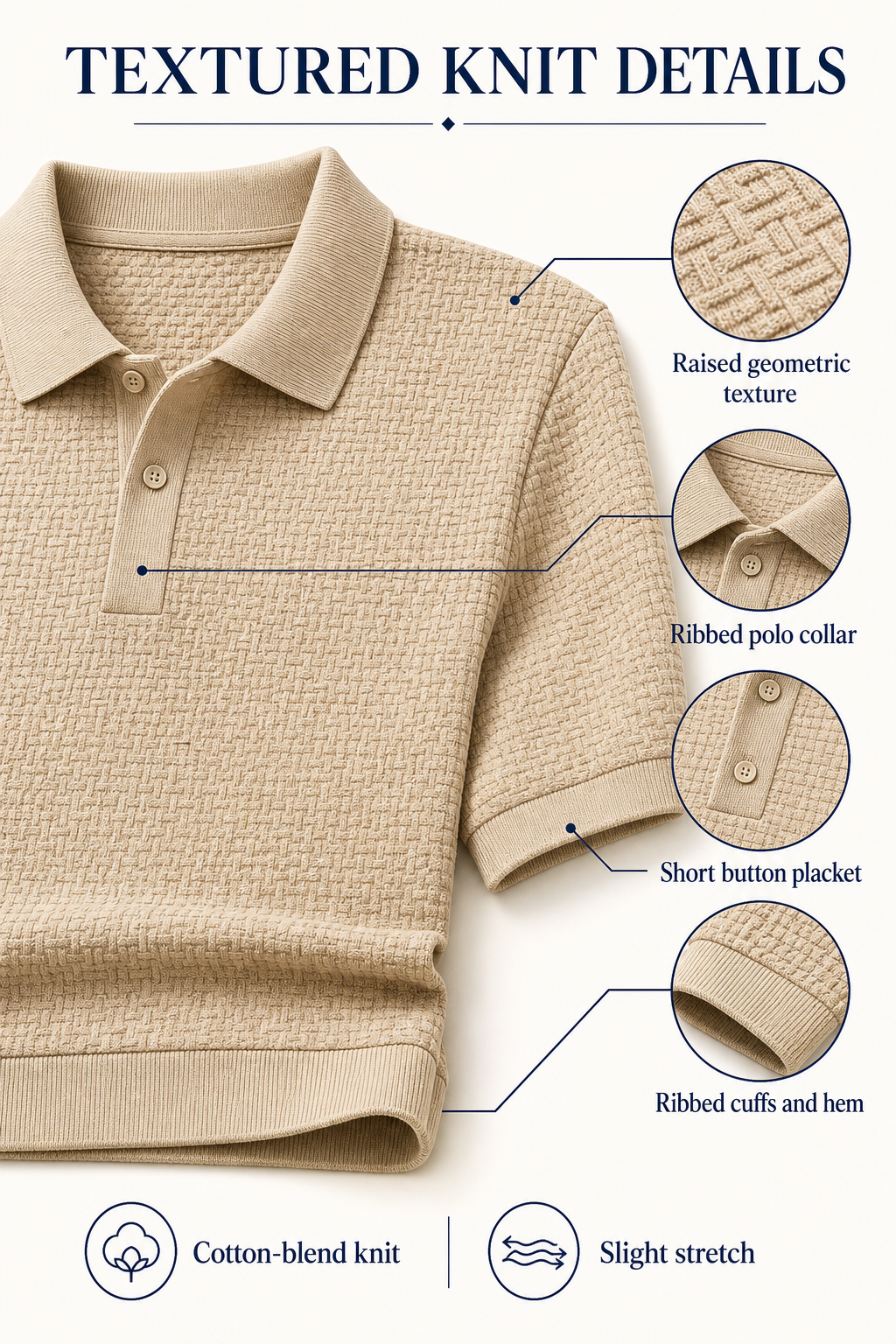 Textured cotton blend knit collar placket sleeve cuffs and hem details