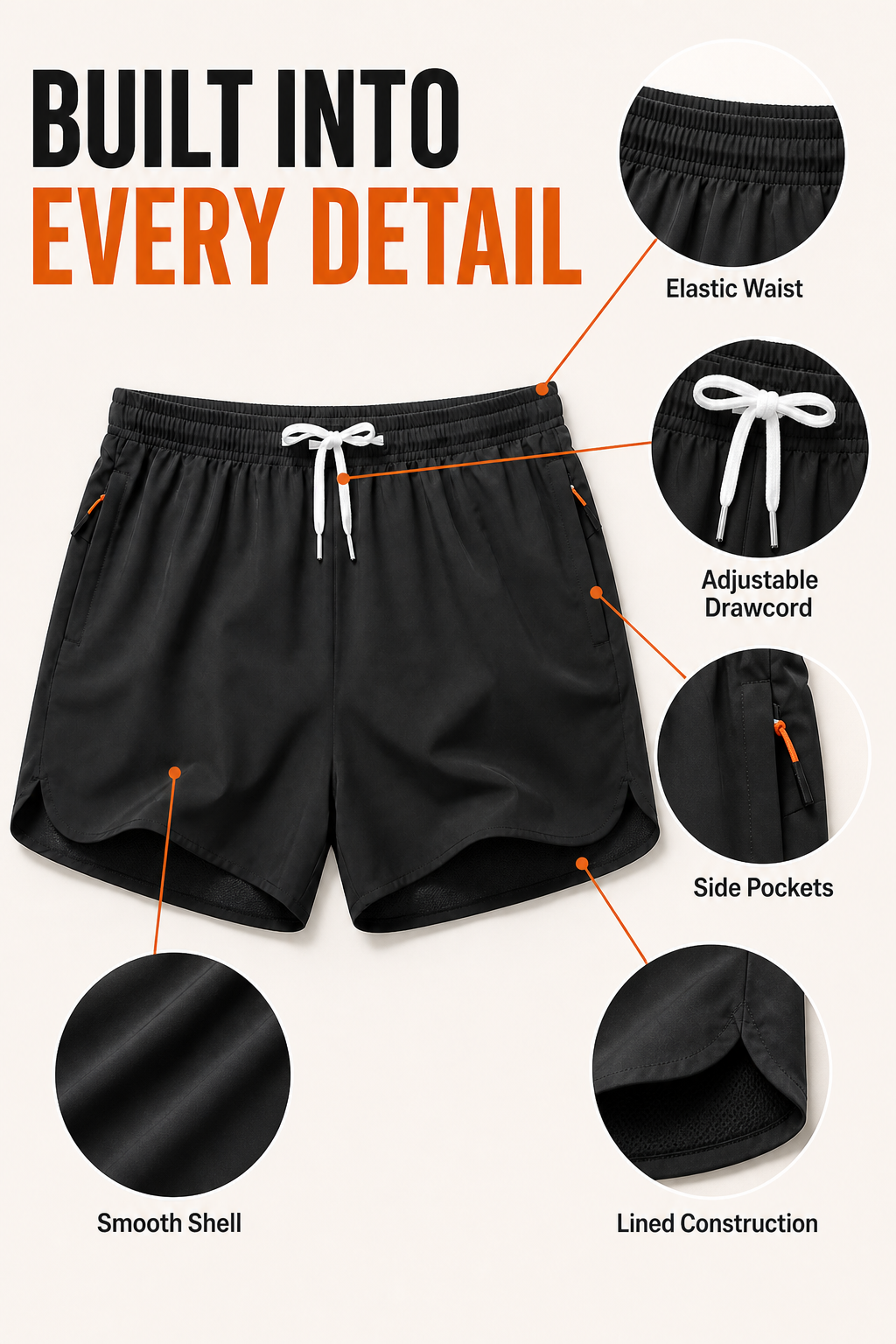Elastic waist adjustable drawcord side pockets smooth shell and lined construction details