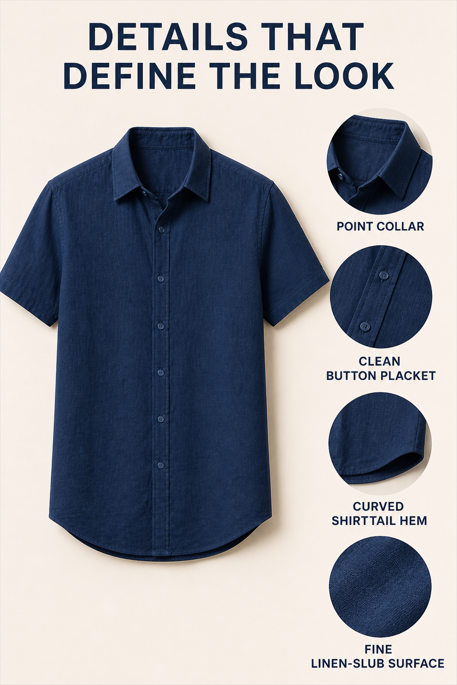 Point collar button placket curved shirttail hem and linen slub surface details