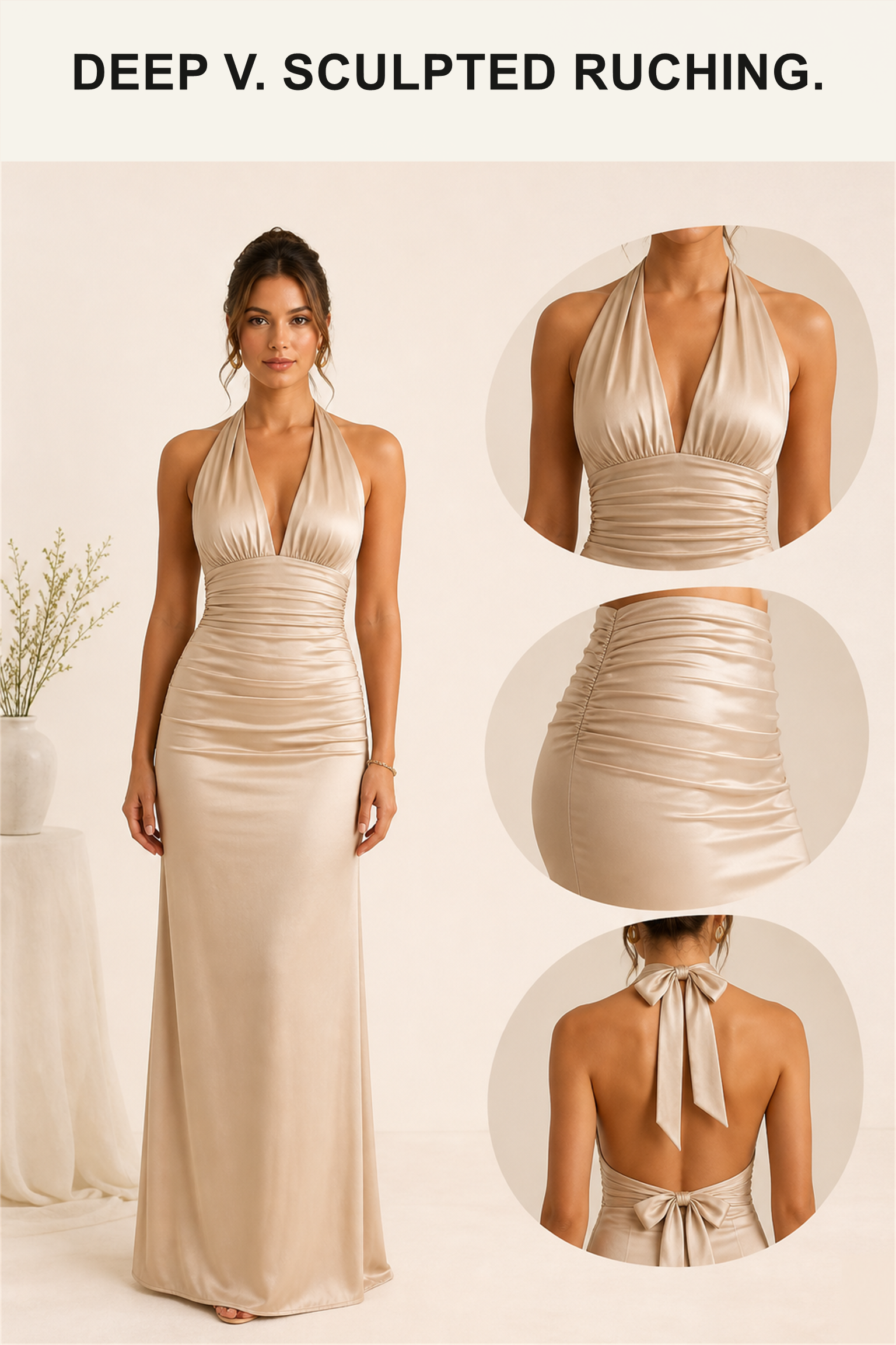 Deep V halter, side ruching and separate neck and waist ties