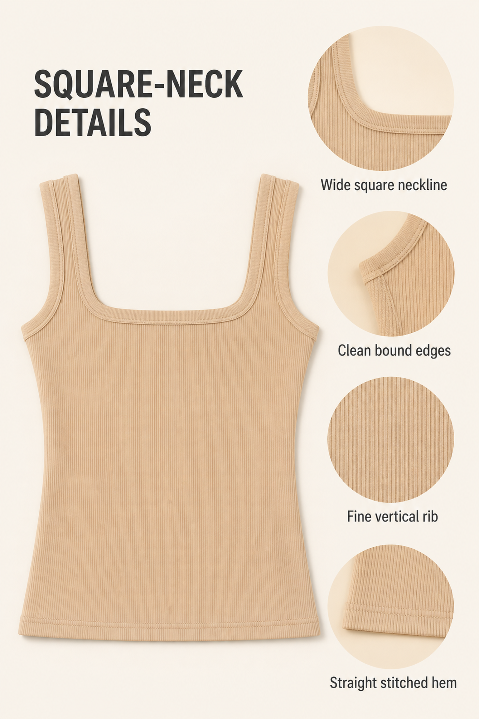 Square neckline, clean bound edges, fine vertical rib texture and stitched hem details