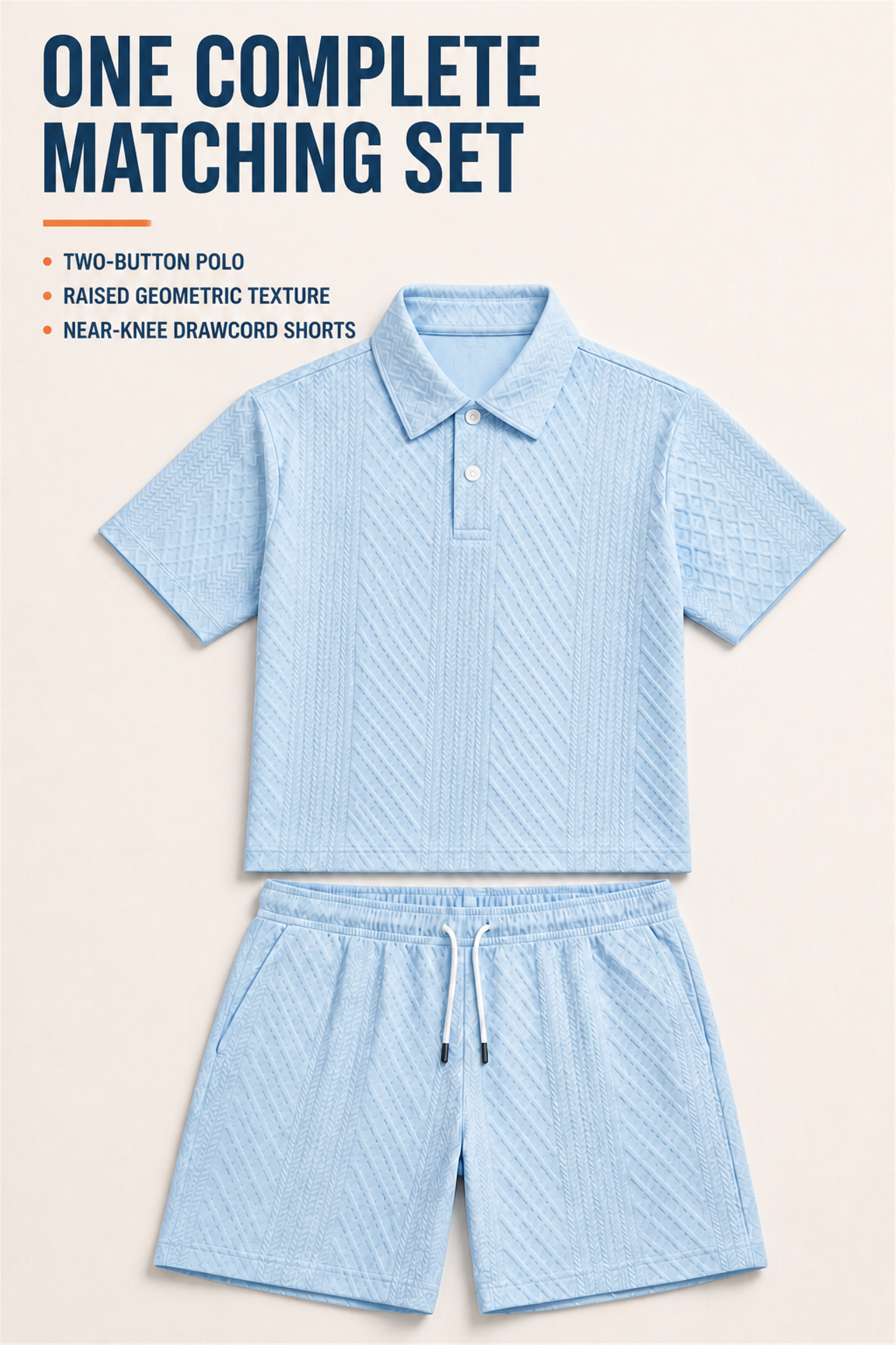 Enlarged light blue matching set with two-button polo, raised geometric texture, and near-knee drawcord shorts