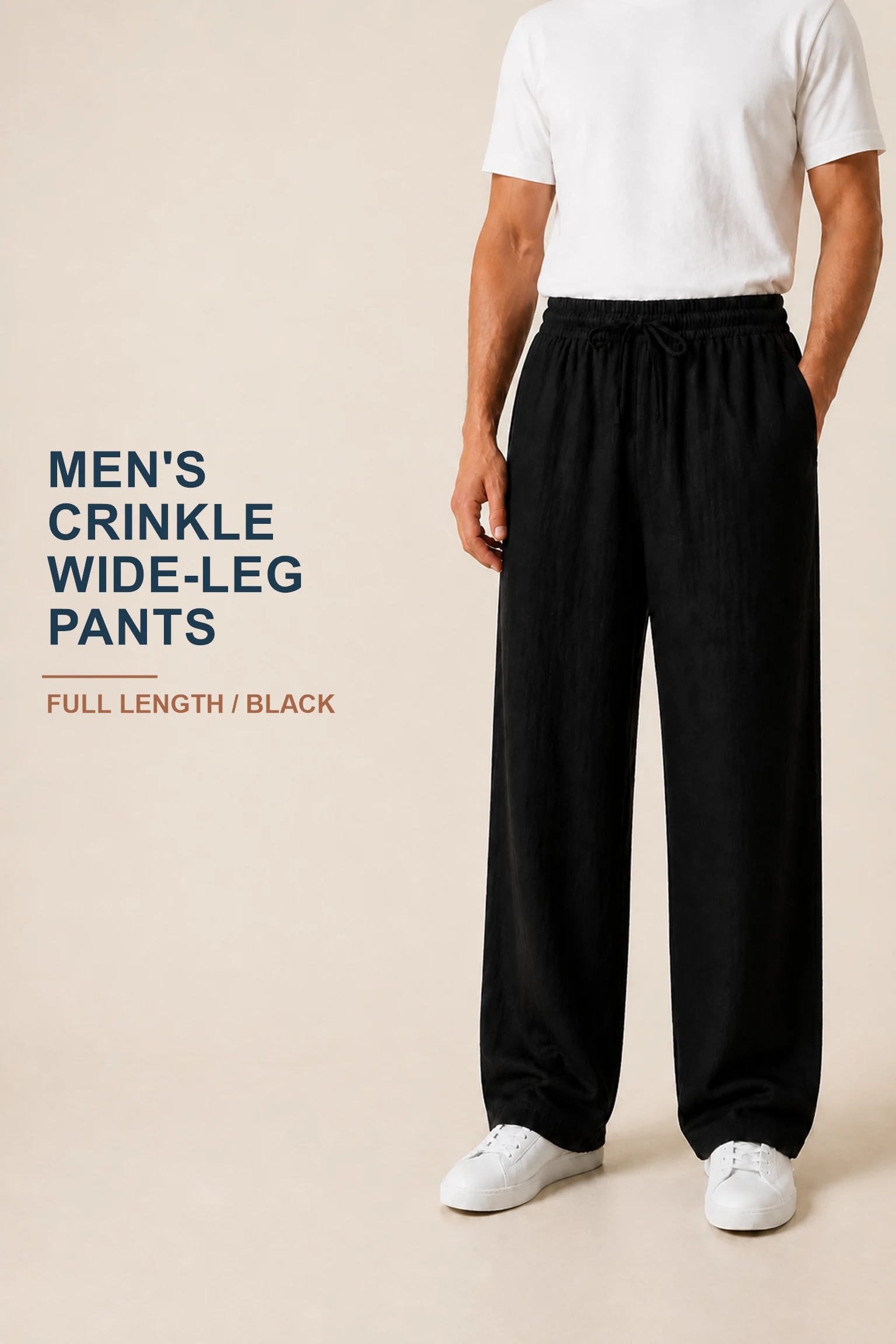 Men crinkle drawstring wide-leg pants product overview