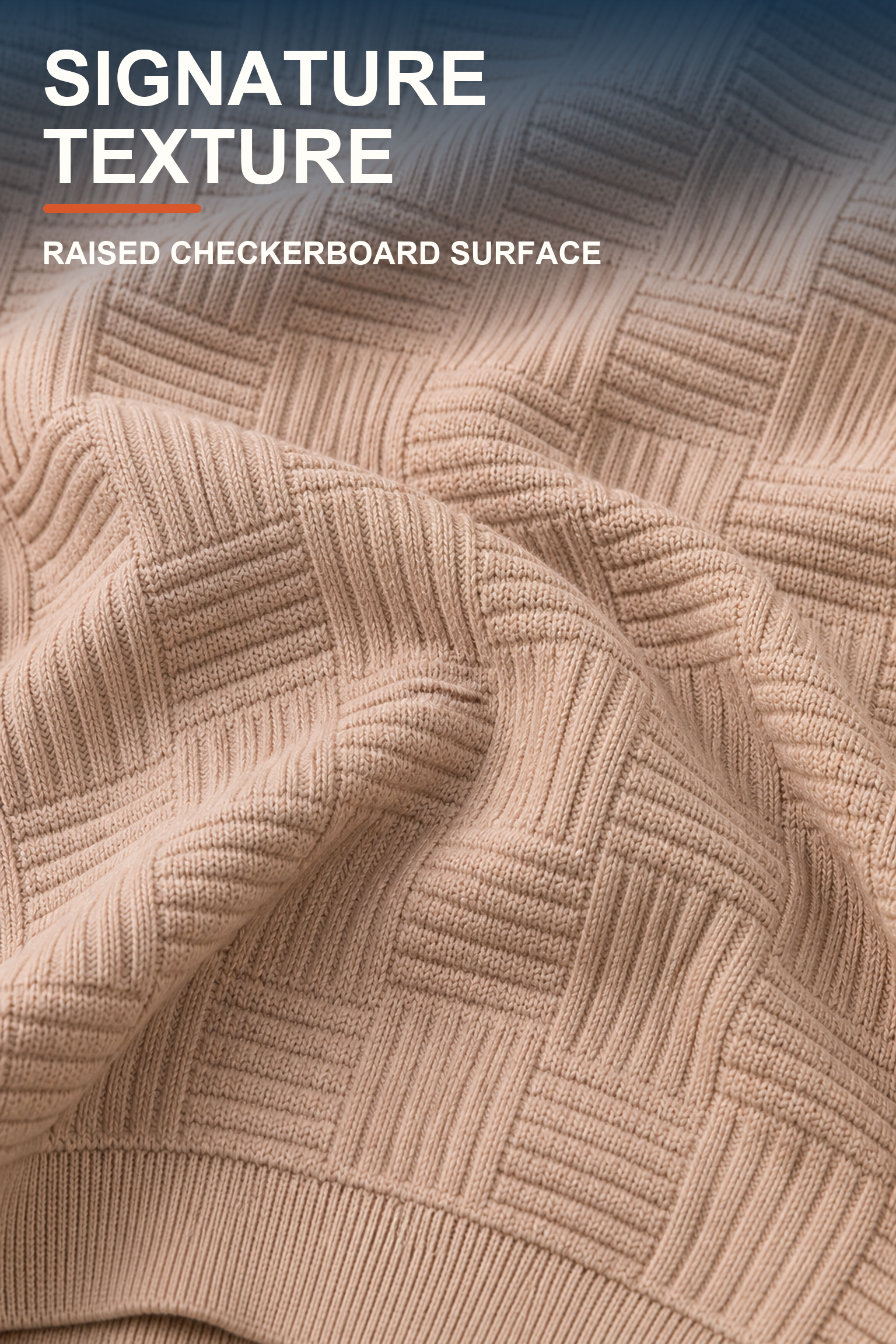 Large close-up of men's Beige polo raised checkerboard texture
