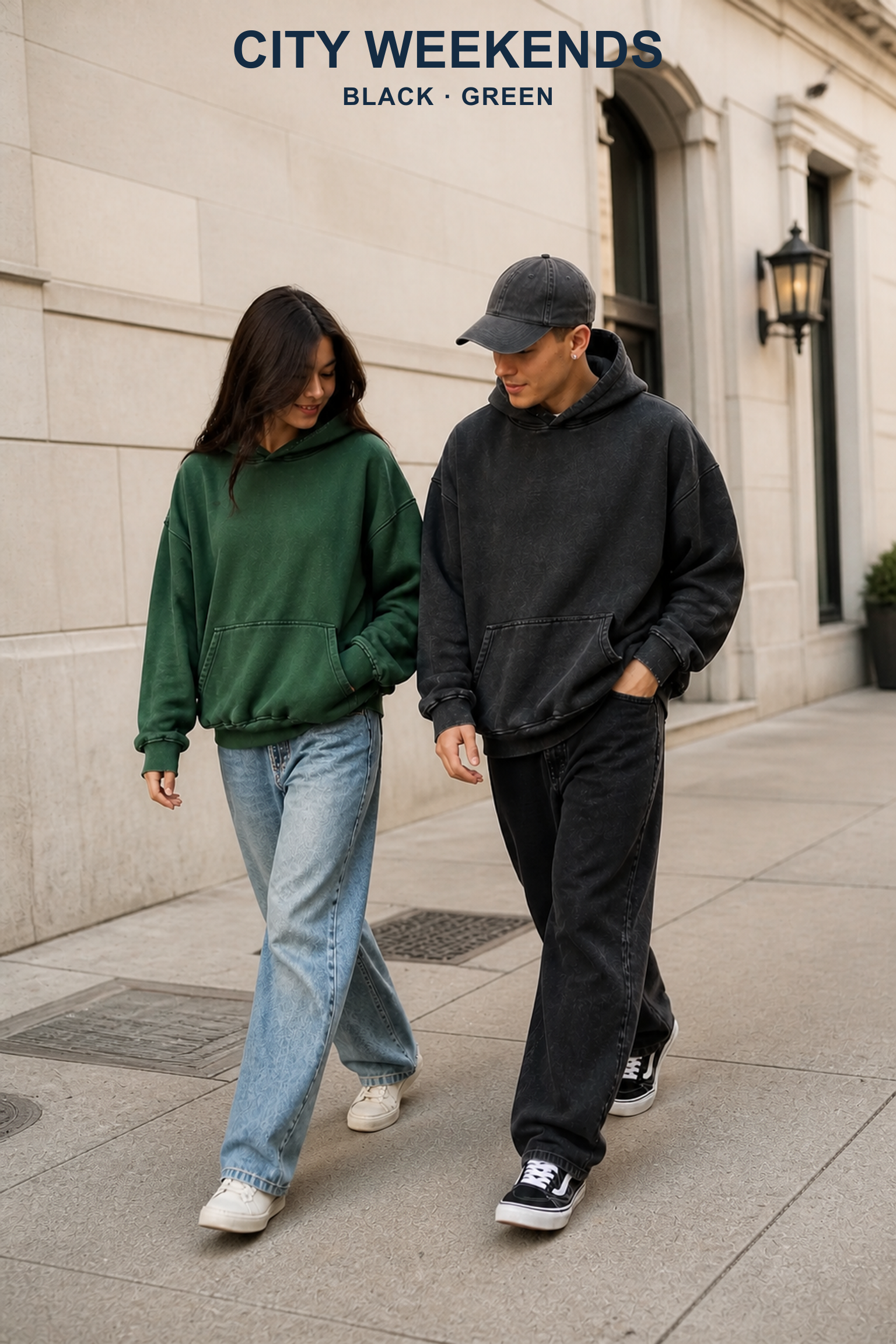 Adults wearing Black and Green washed pullover hoodies while walking in a balanced American city scene