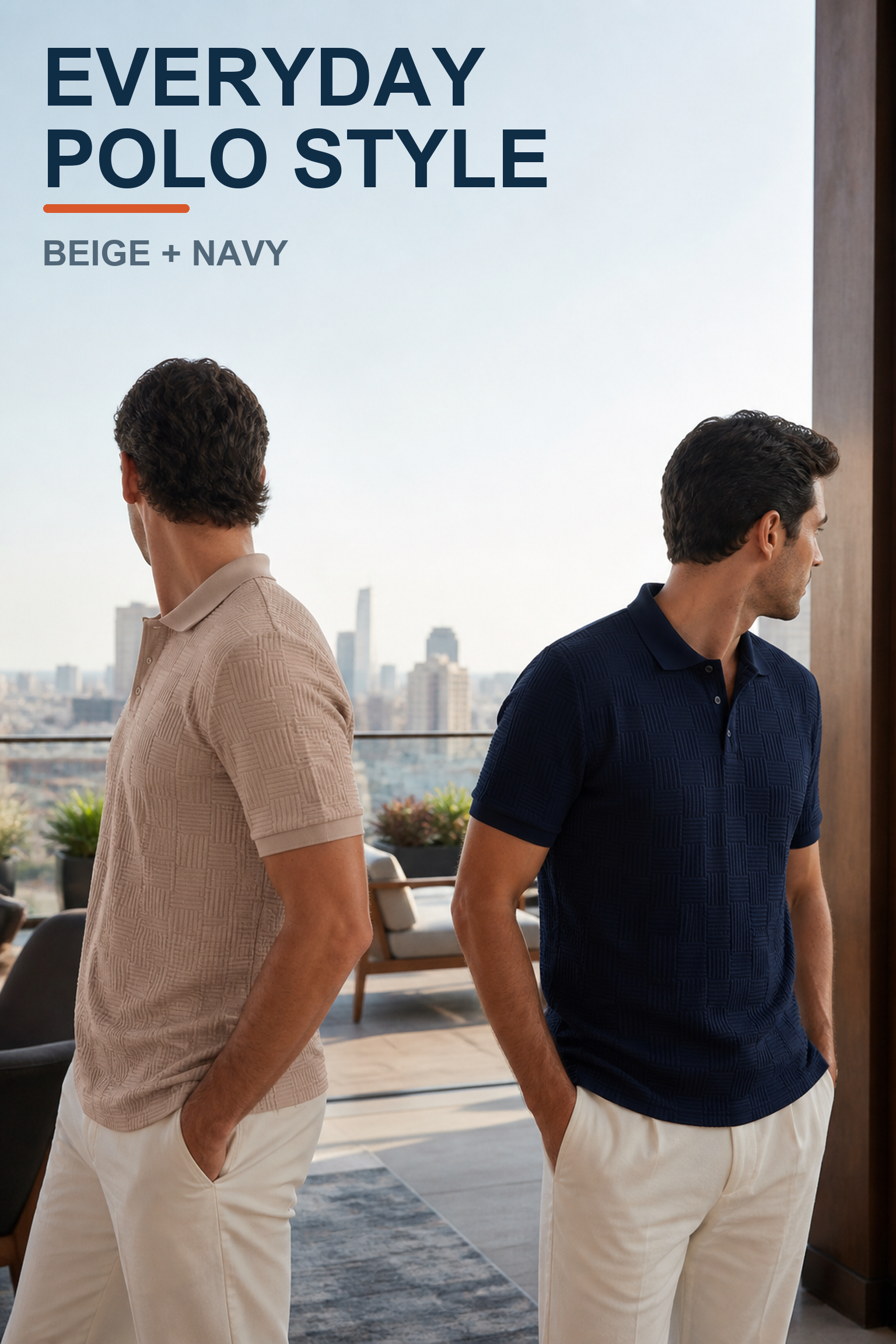 Beige and Navy textured polos in an everyday setting
