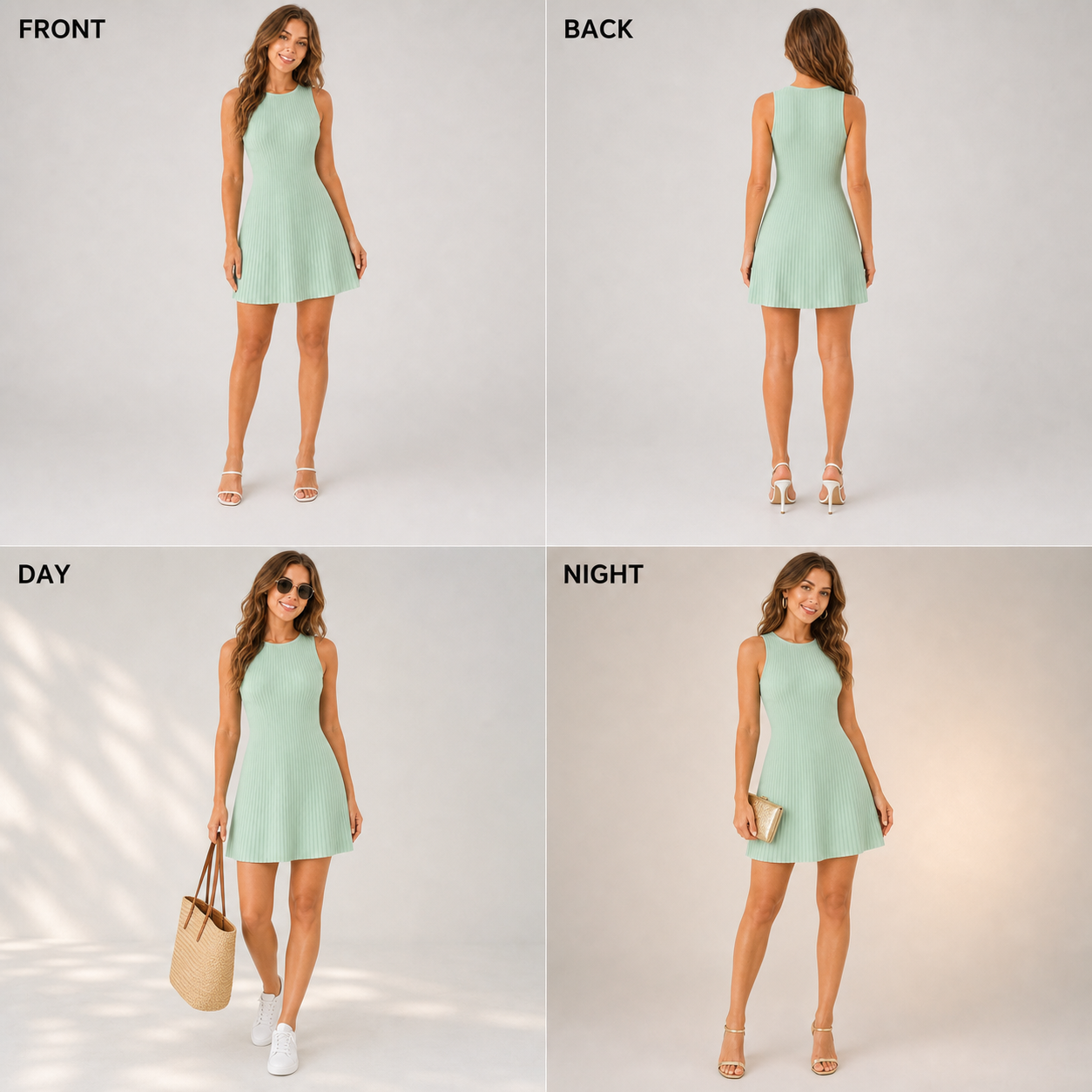 Front back day and night styling views of the pleated mini dress