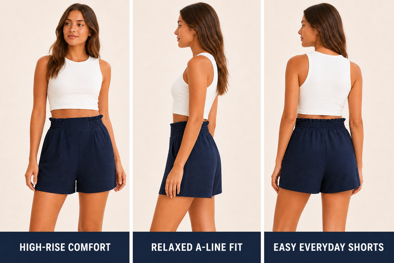 High-rise relaxed A-line fit with front side and clean back views