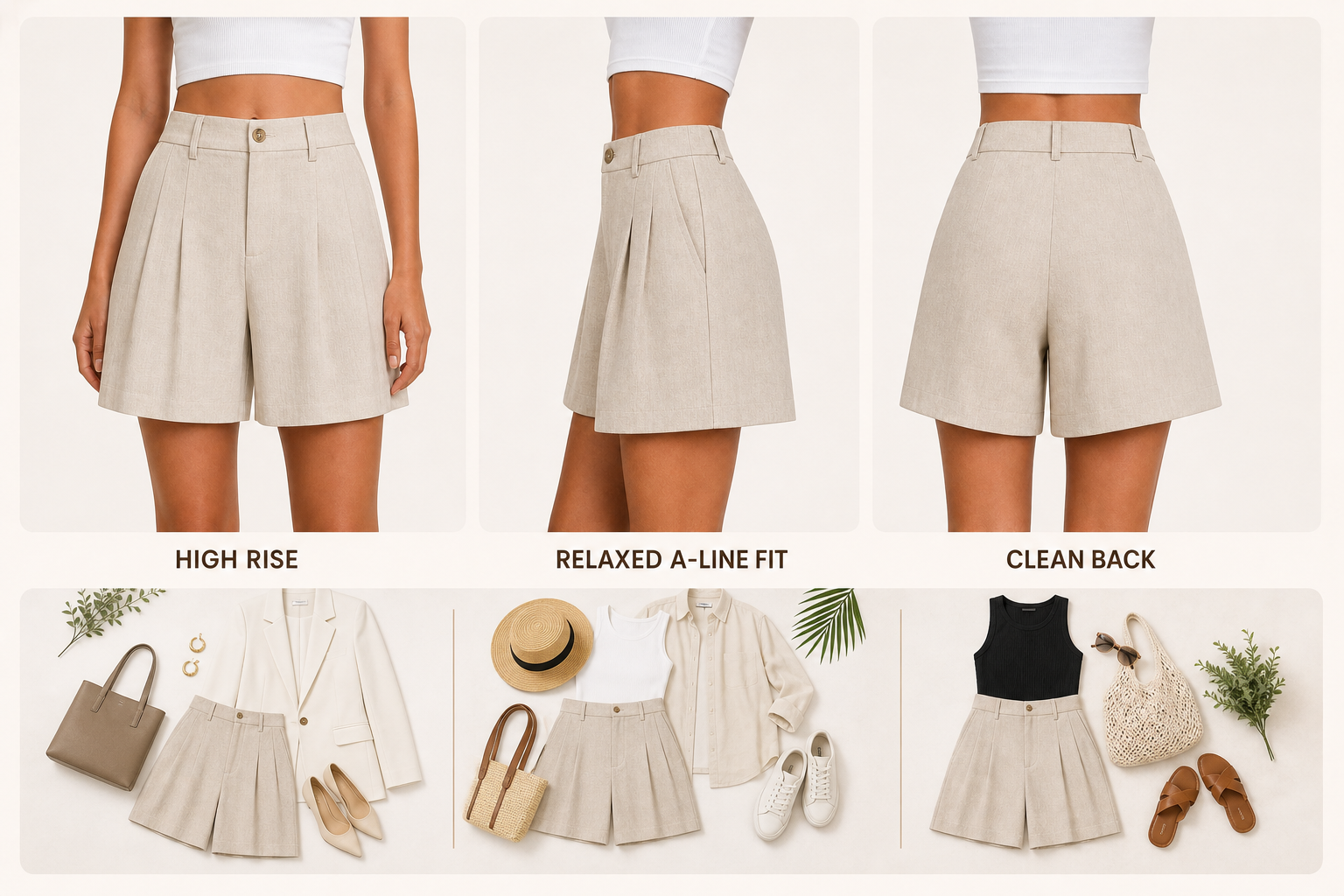 High-rise relaxed A-line fit with front side and clean back views