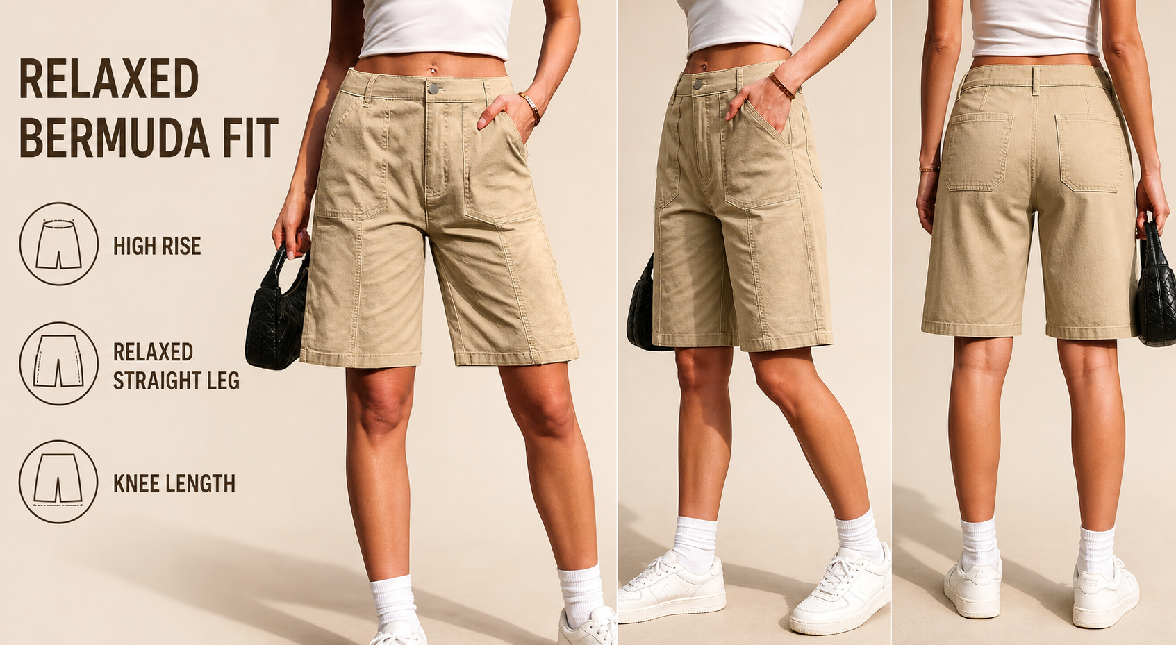 High rise relaxed straight leg knee length fit in front side and back views