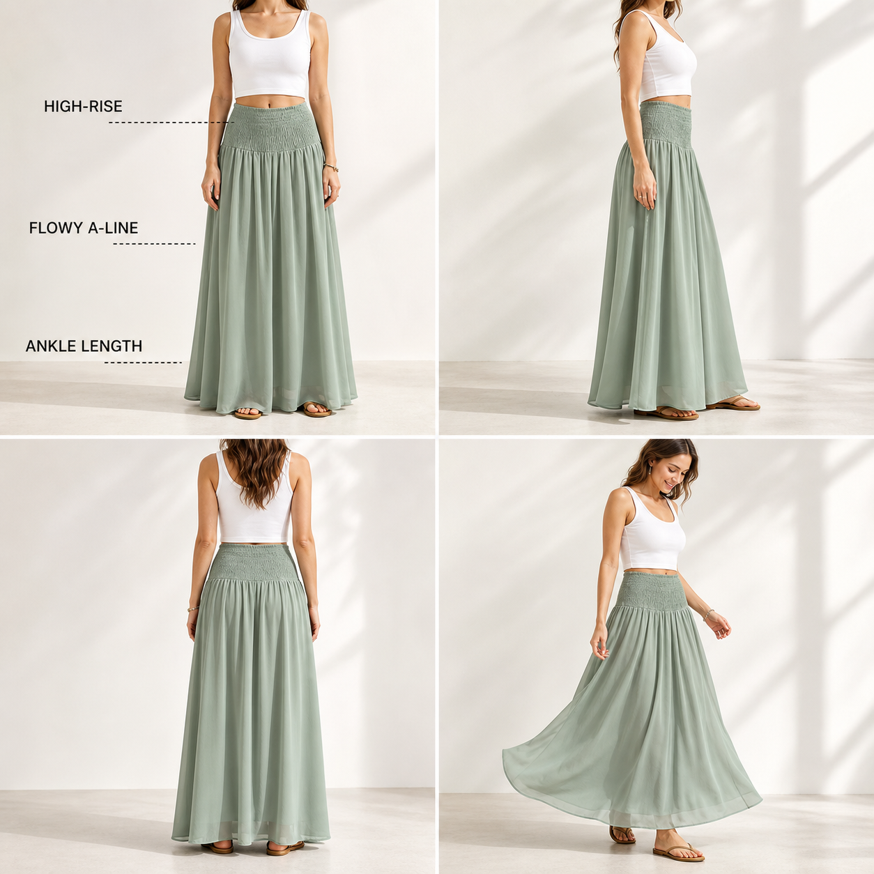 High-rise flowy A-line ankle-length fit in front side back and walking views