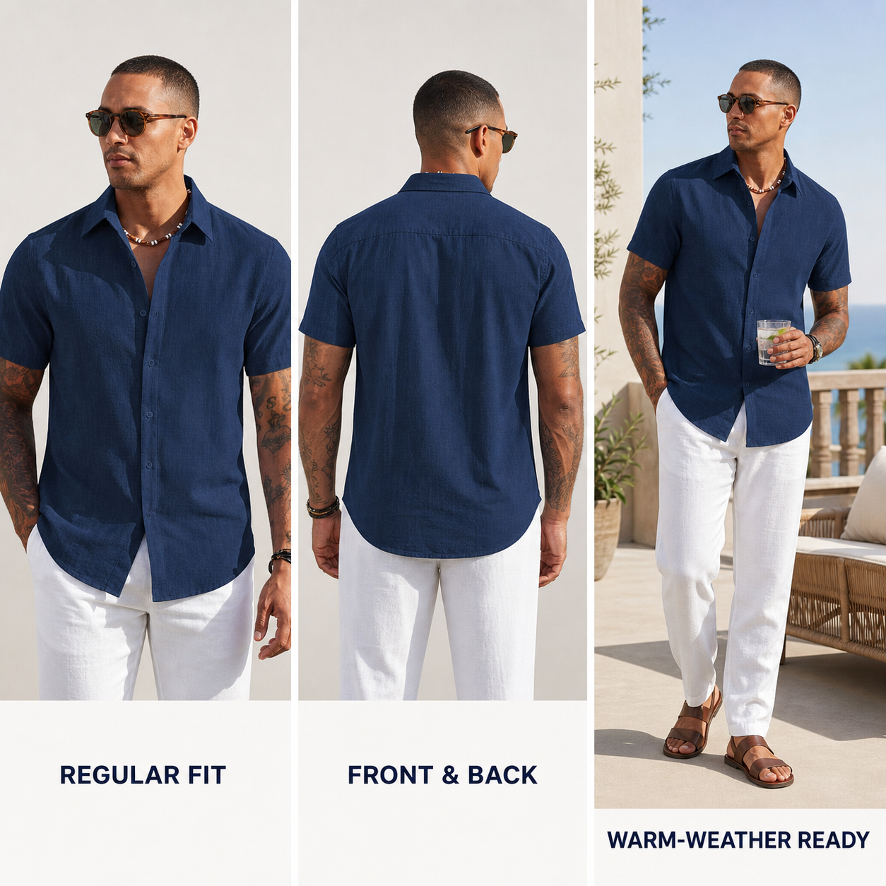 Regular fit short sleeve shirt front back and warm weather styling