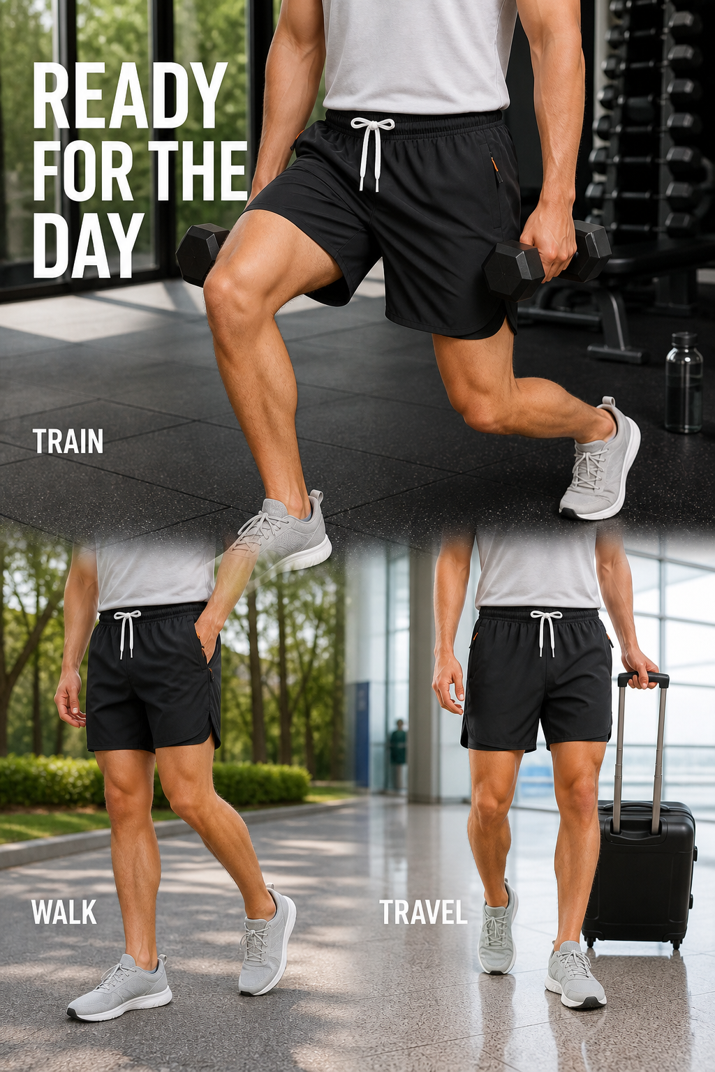 Men wearing lightweight lined athletic shorts for training walking and travel