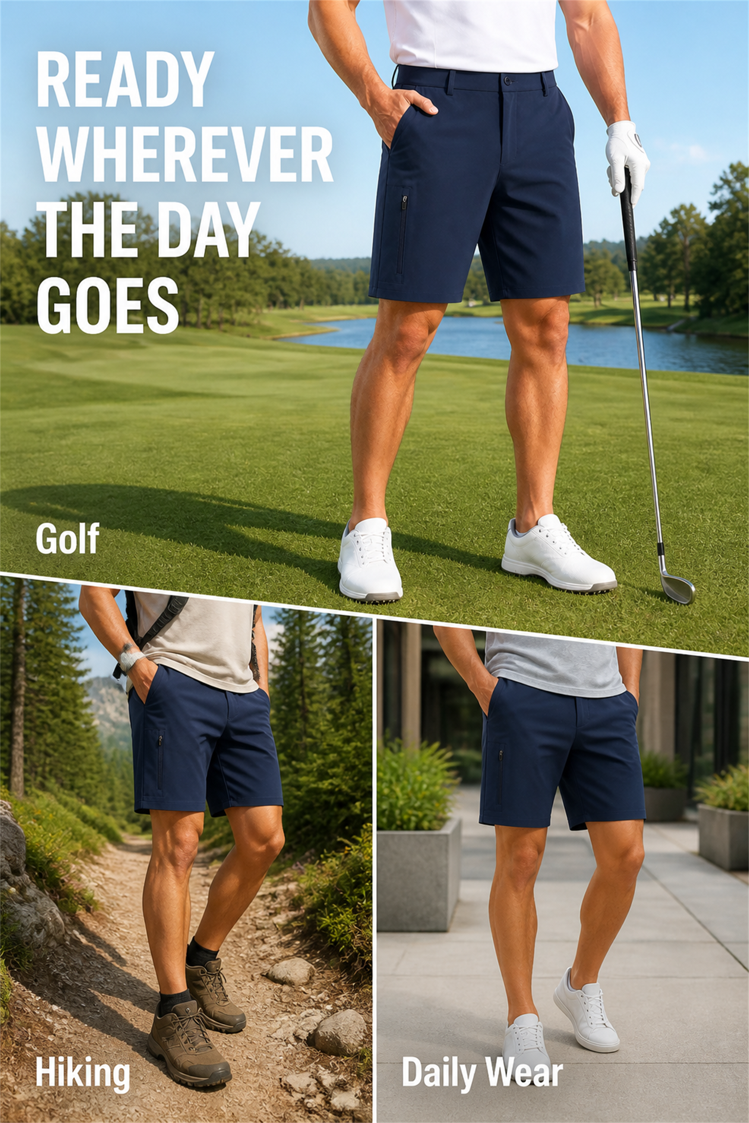 Men's golf shorts fit and everyday use scenes