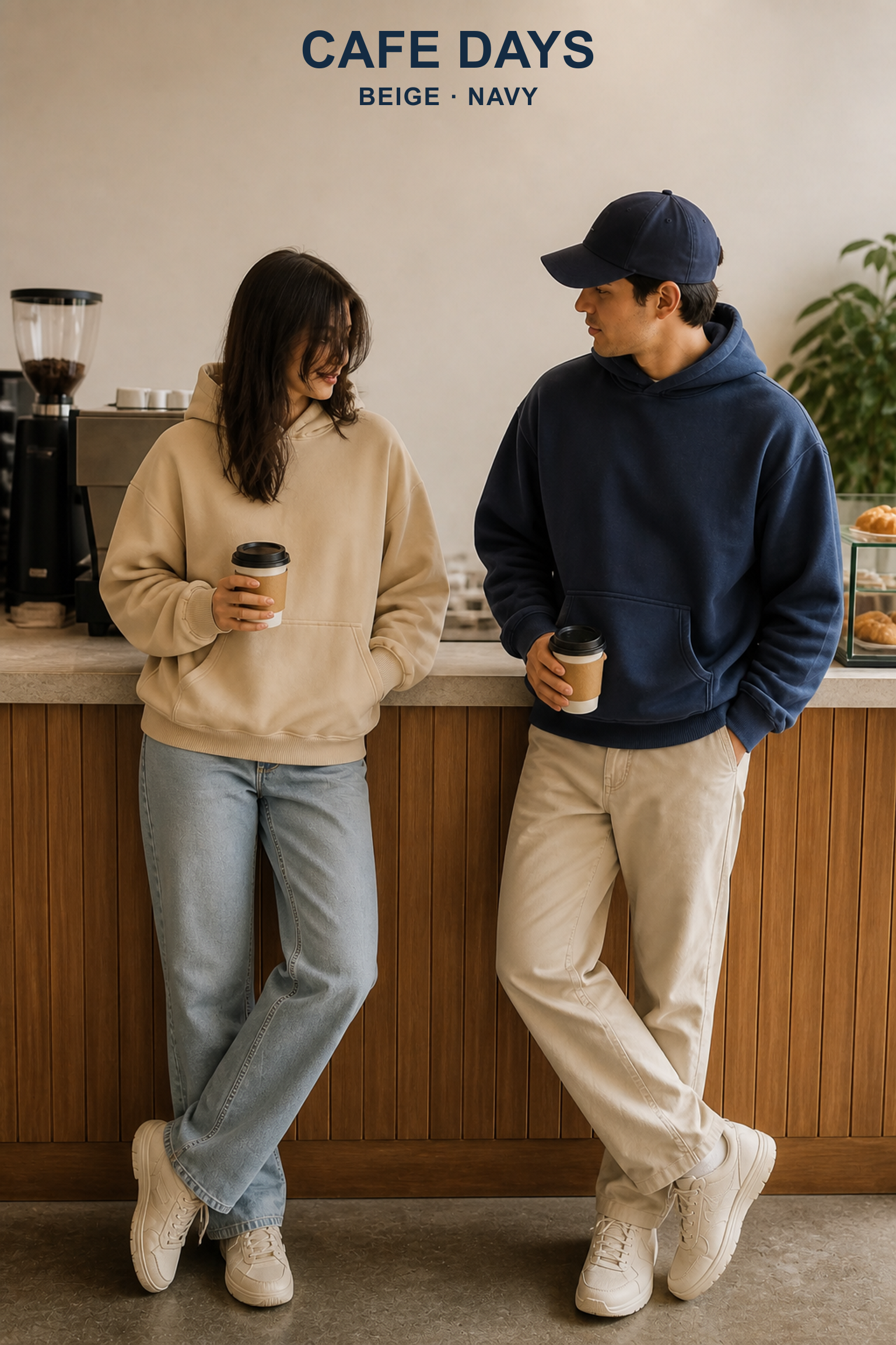 Adults wearing Beige and Navy washed pullover hoodies in a balanced American cafe scene