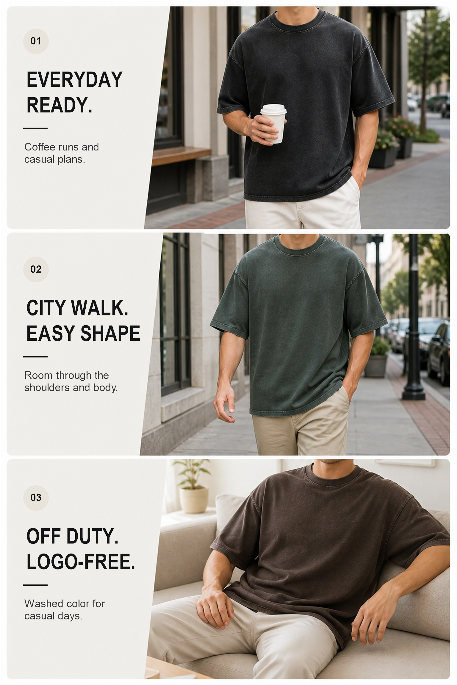 Three lifestyle scenes showing plain washed crew-neck T-shirts in Black Deep Green and Coffee Brown