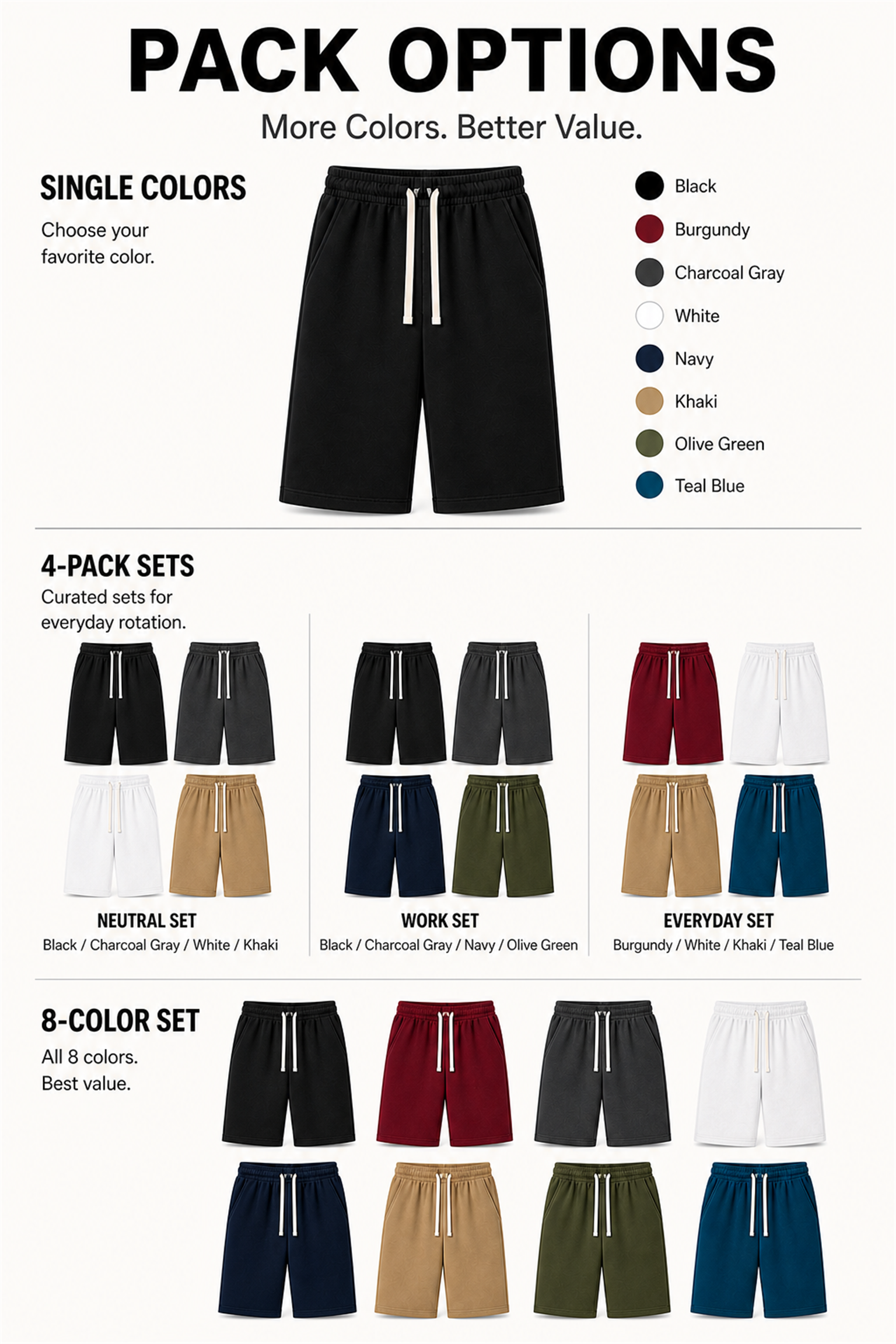 Pack options for single colors, three four-pack sets, and the complete eight-color set of unisex knee-length shorts