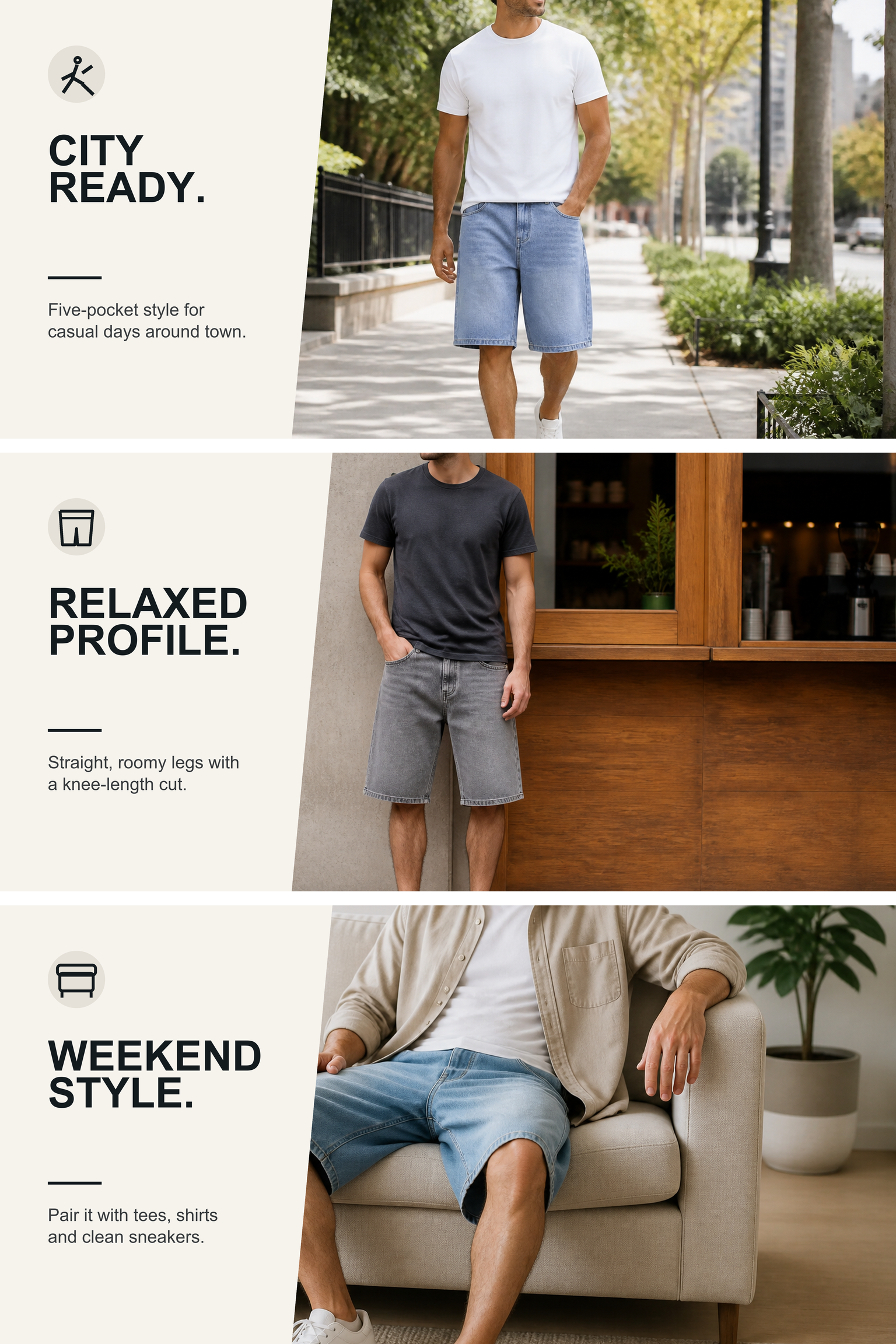 Three lifestyle panels showing men wearing light blue gray and denim blue knee-length five-pocket shorts for city casual and weekend styling