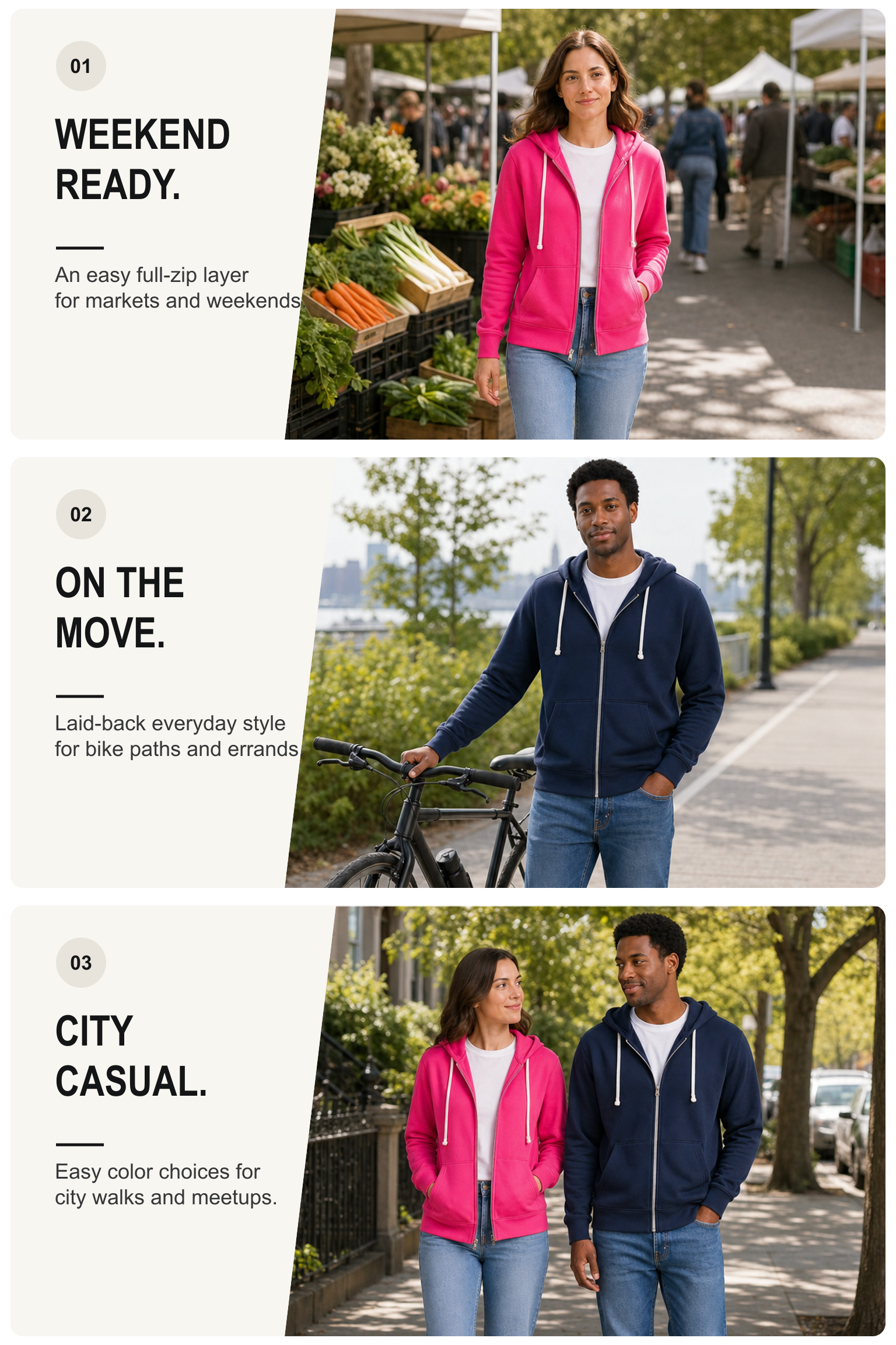 Adult woman in rose red and adult man in navy blue wearing the same full-zip hoodie in a weekend market, bike-path and casual city-walk setting
