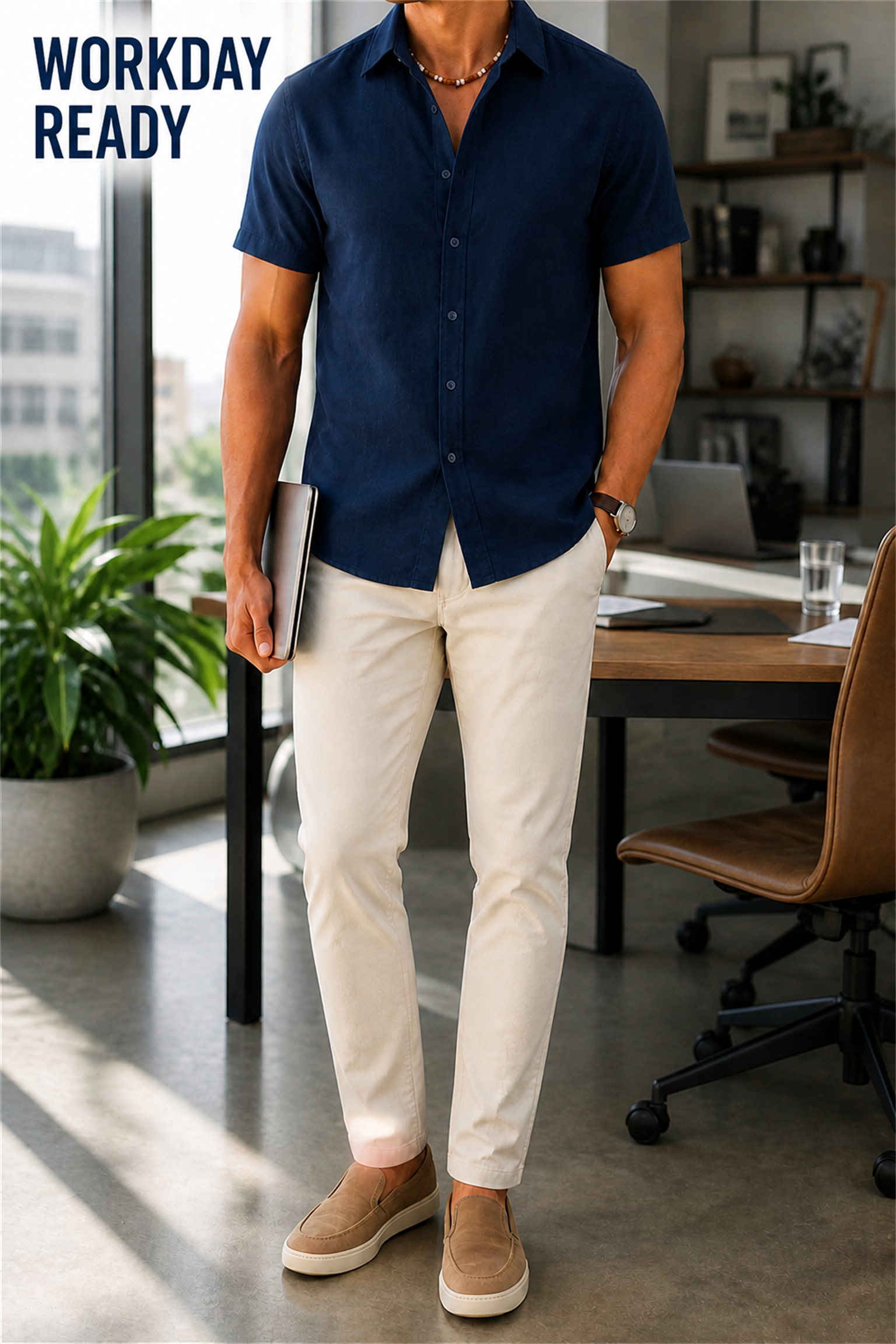 Navy short sleeve button up shirt in a modern smart casual workday setting