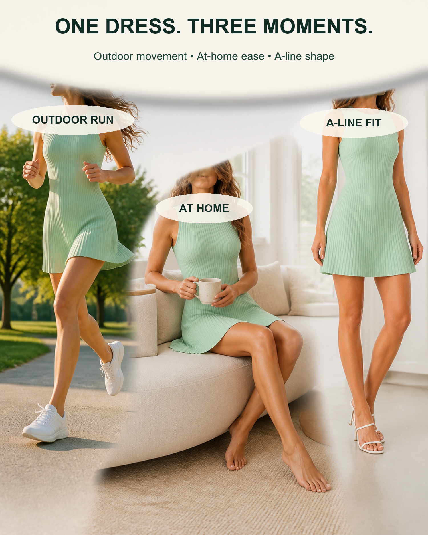 Faceless model wearing the mint green pleated A-line mini dress outdoors at home and in a fit view