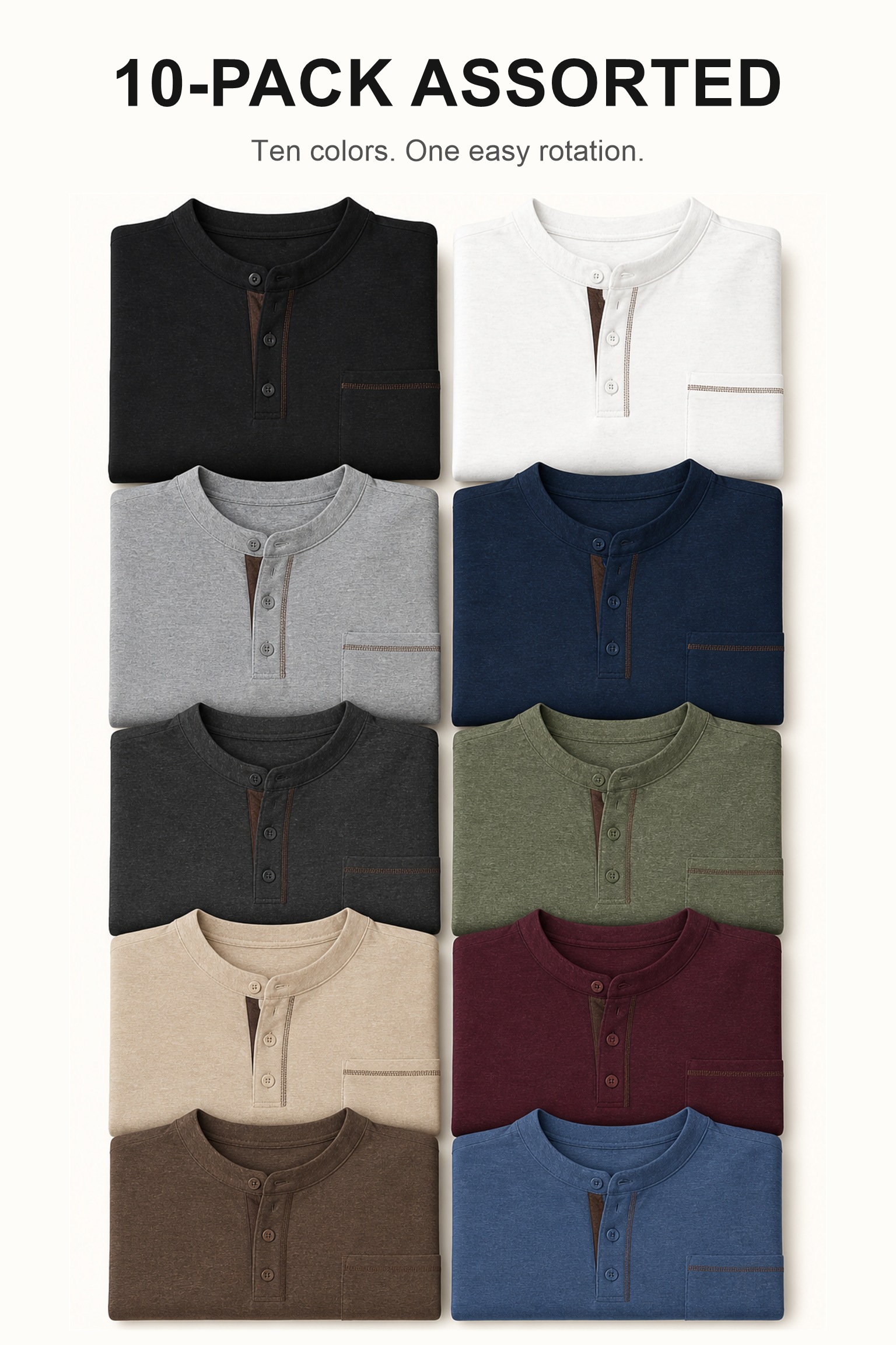 10-Pack Assorted Set with ten large countable Henley shirts in the locked color order