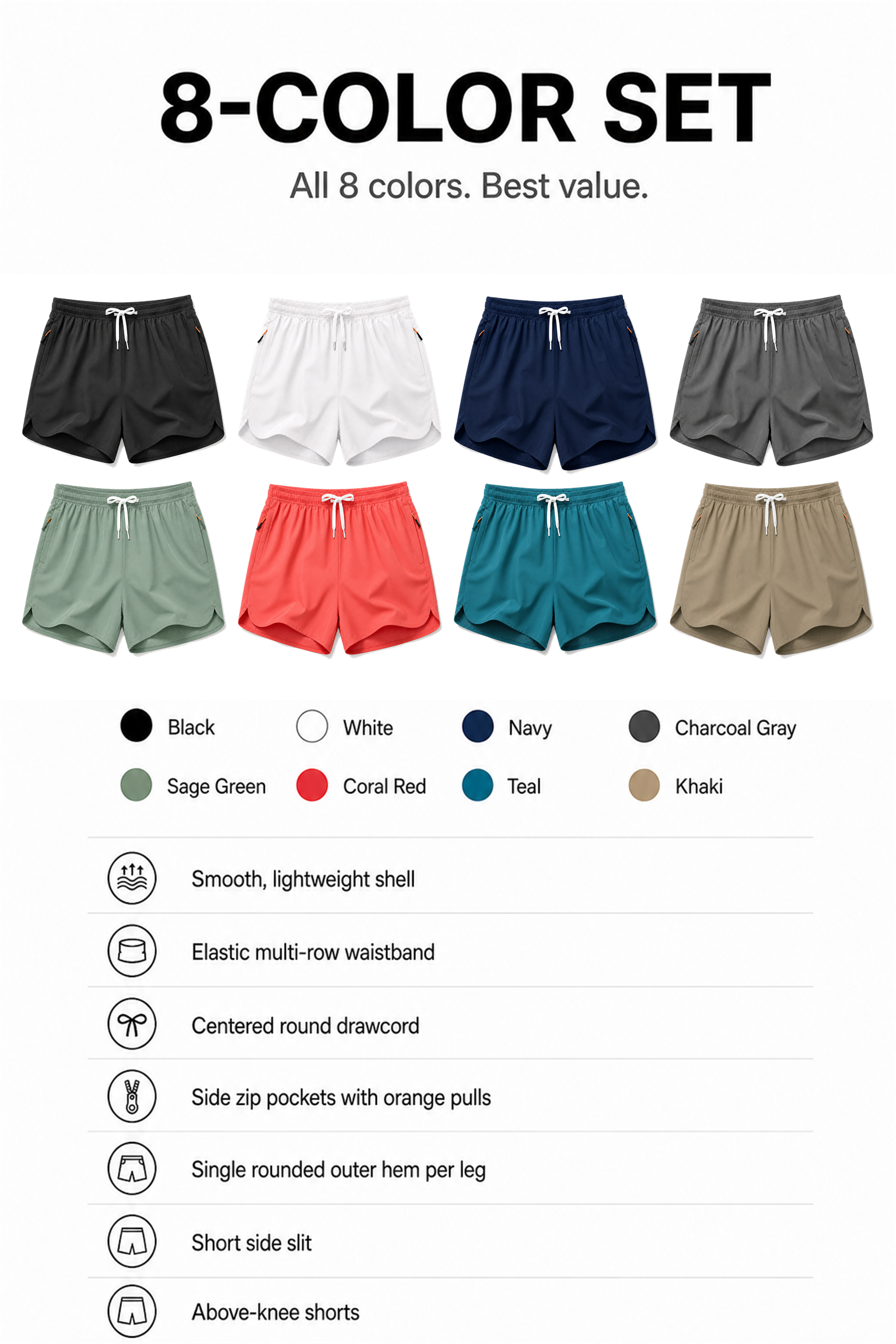 Eight-color set in two rows with Black White Navy Charcoal Gray Sage Green Coral Red Teal and Khaki shorts