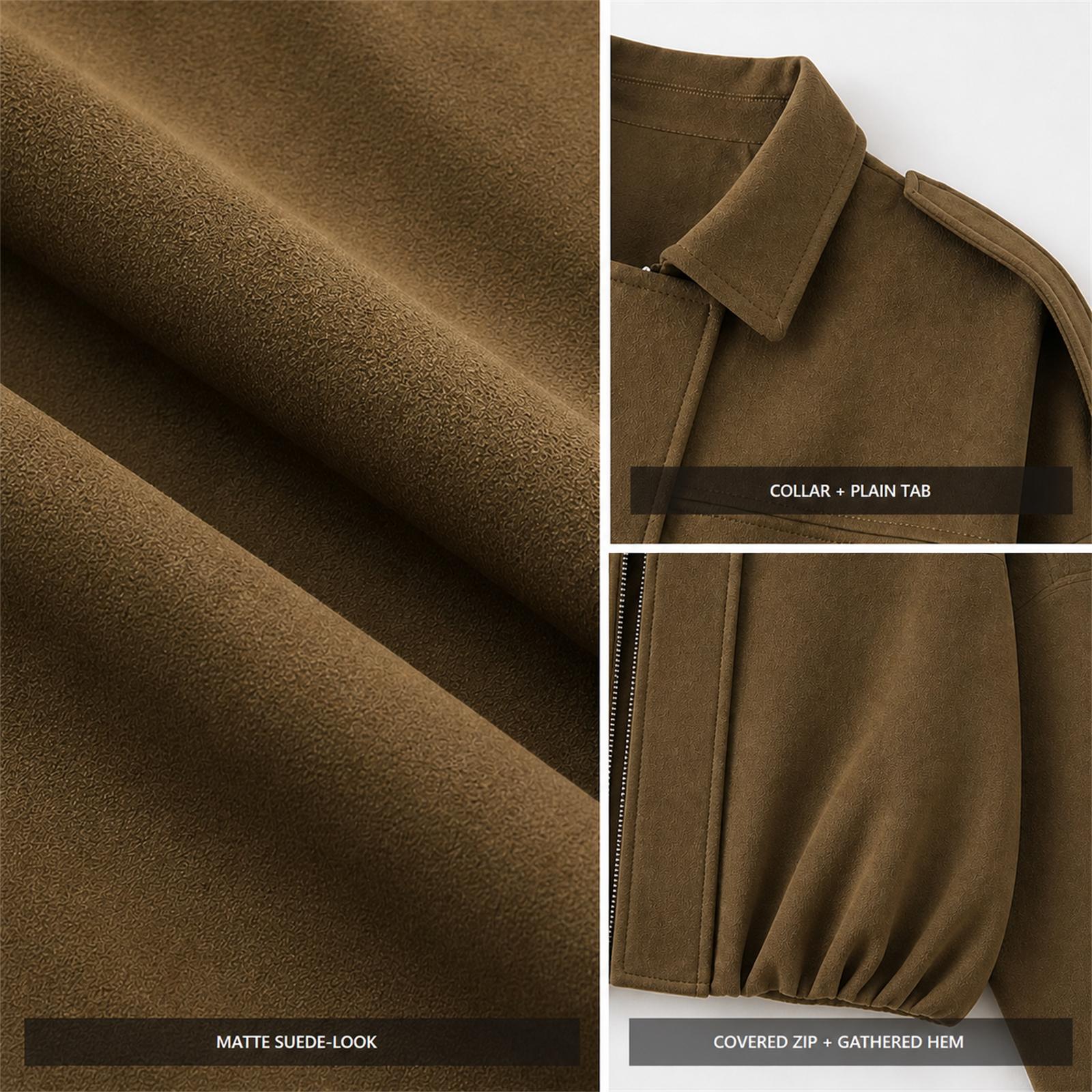 Close views of the jacket’s matte suede-look surface and construction